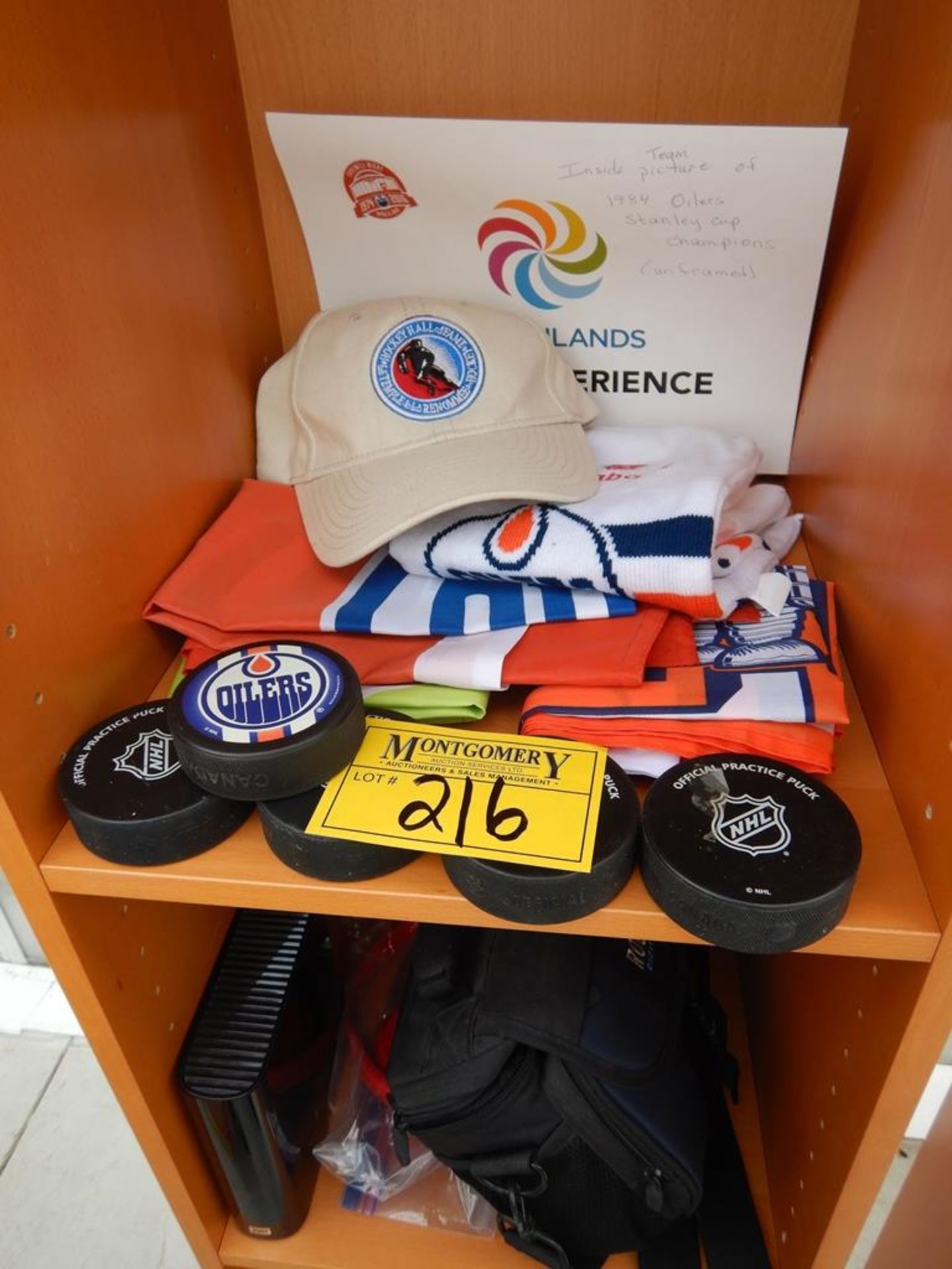 L/O OILERS PUCKS, OILERS FLAGS, 1984 OILERS TEAM PICTURE - STANLEY CUP CHAMPS