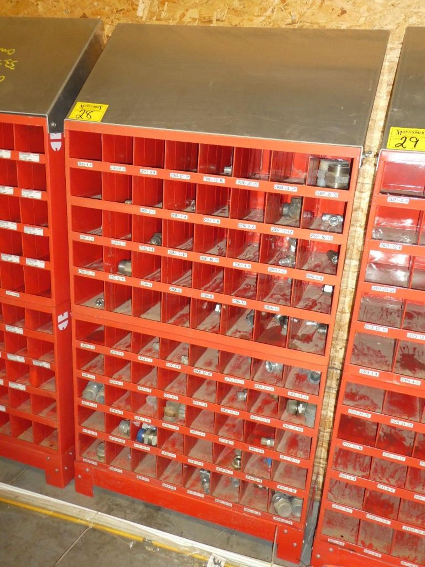 2-WURTH 40 COMPARTMENT BOLT BINS W/ STAND & SS HYD. PIPE FITTINGS