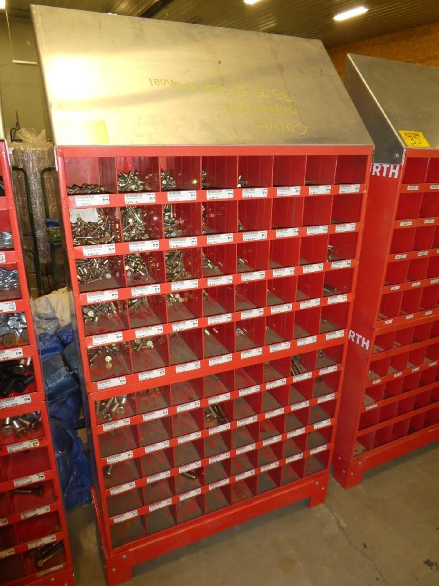 2-WURTH 40 COMPARTMENT BOLT BINS W/ STAND & GR. 8 HARDWARE SAE