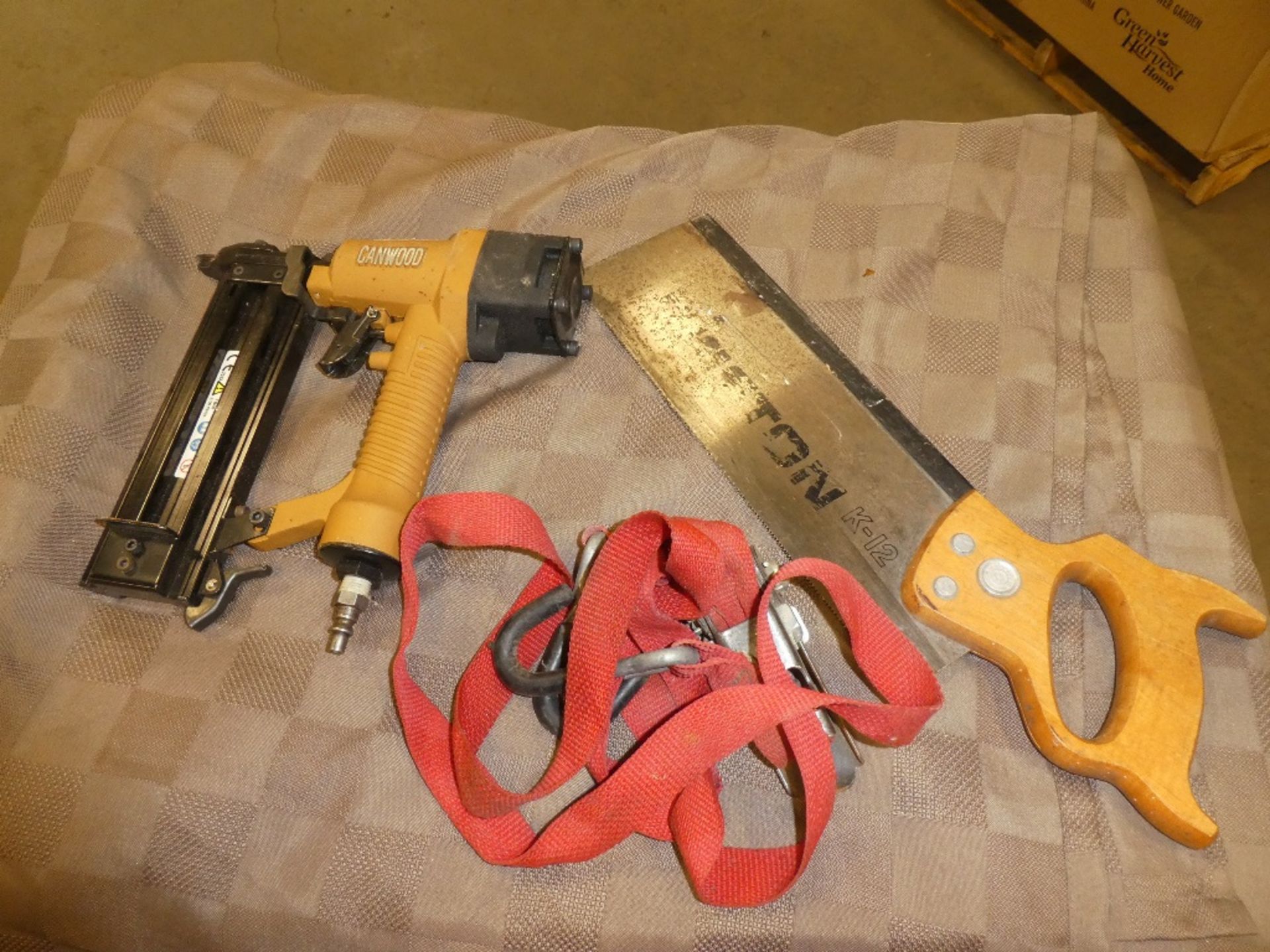 L/O ASSORTED HAND TOOLS CANWOOD AIR NAILER, MITER SAW, KNIVES, ETC. - Image 2 of 2