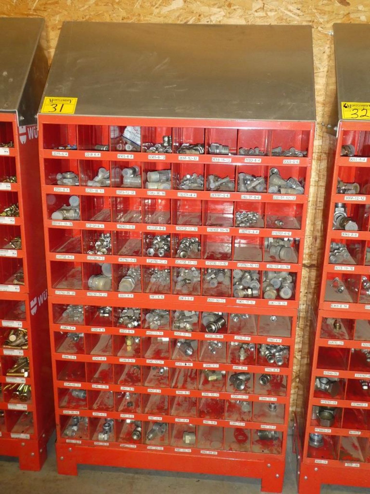 2-WURTH 40 COMPARTMENT BOLT BINS W/ STAND & SS HYD. PIPE FITTINGS