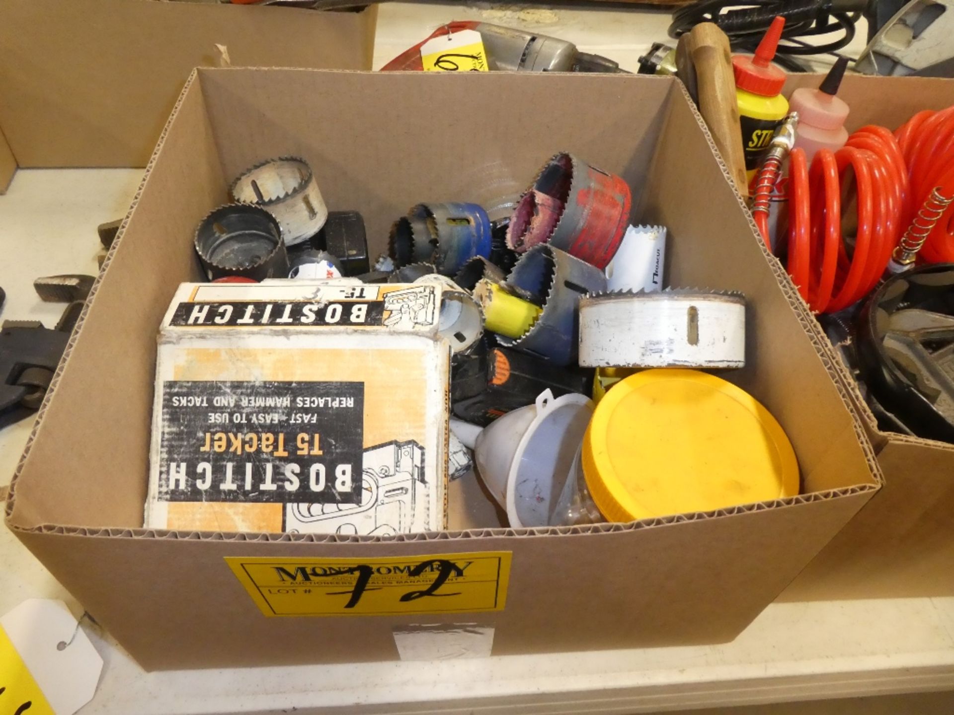 L/O WHOLE SAWS, TAPE MEASURE, BOSTITCH T5 TACKER, AIR FITTINGS, ETC.