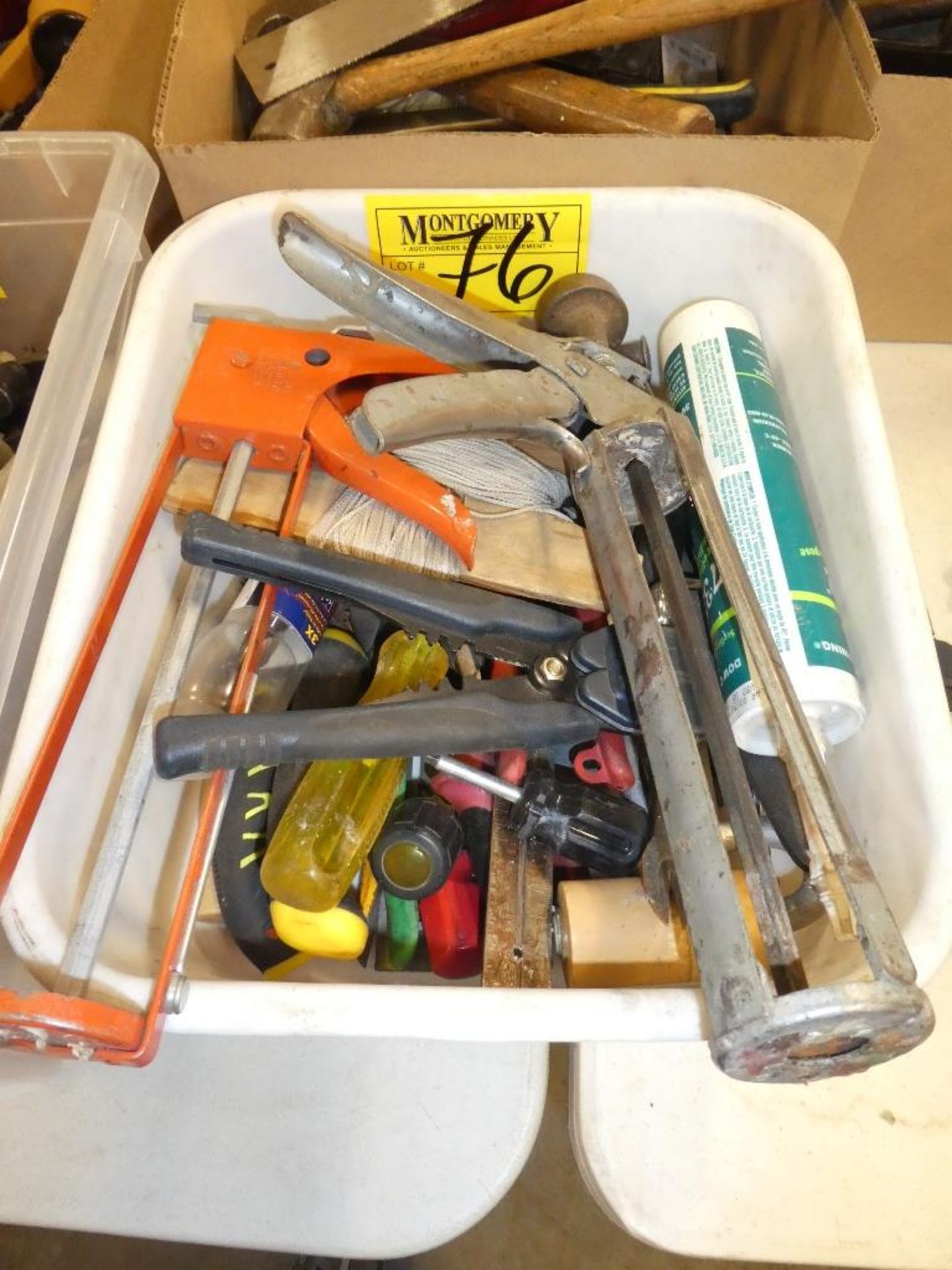 L/O ASSORTED HAND TOOLS CAULKING GUN, PRY BARS, SCREW DRIVERS, WIRE STRIPPER, ETC