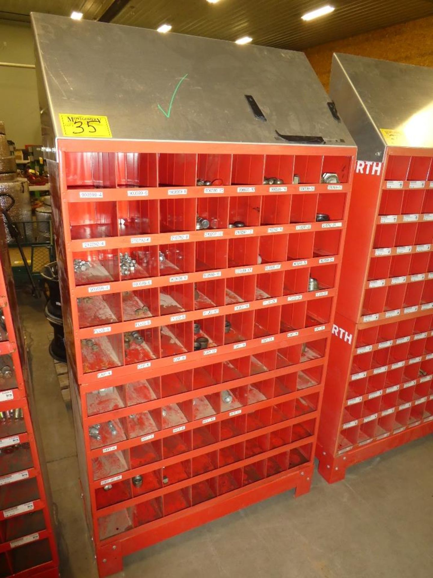 2-WURTH 40 COMPARTMENT BOLT BINS W/ STAND & SS & BLACK HYD. PIPE FITTINGS