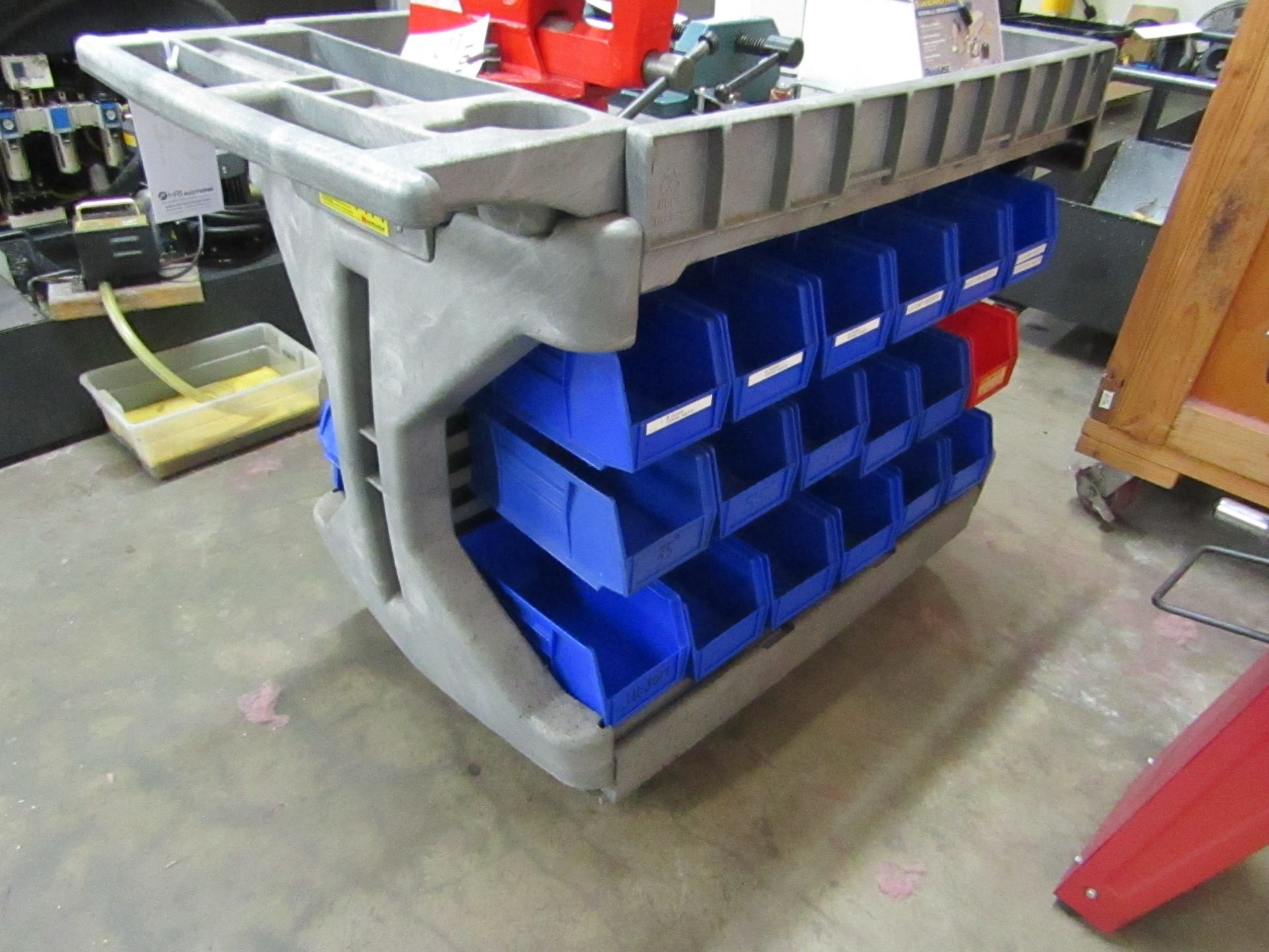 ULINE ROLLING WORK AND TOOL CART, (36) BLUE AND RED PLASTIC ORGANIZER BOXES - Image 2 of 2