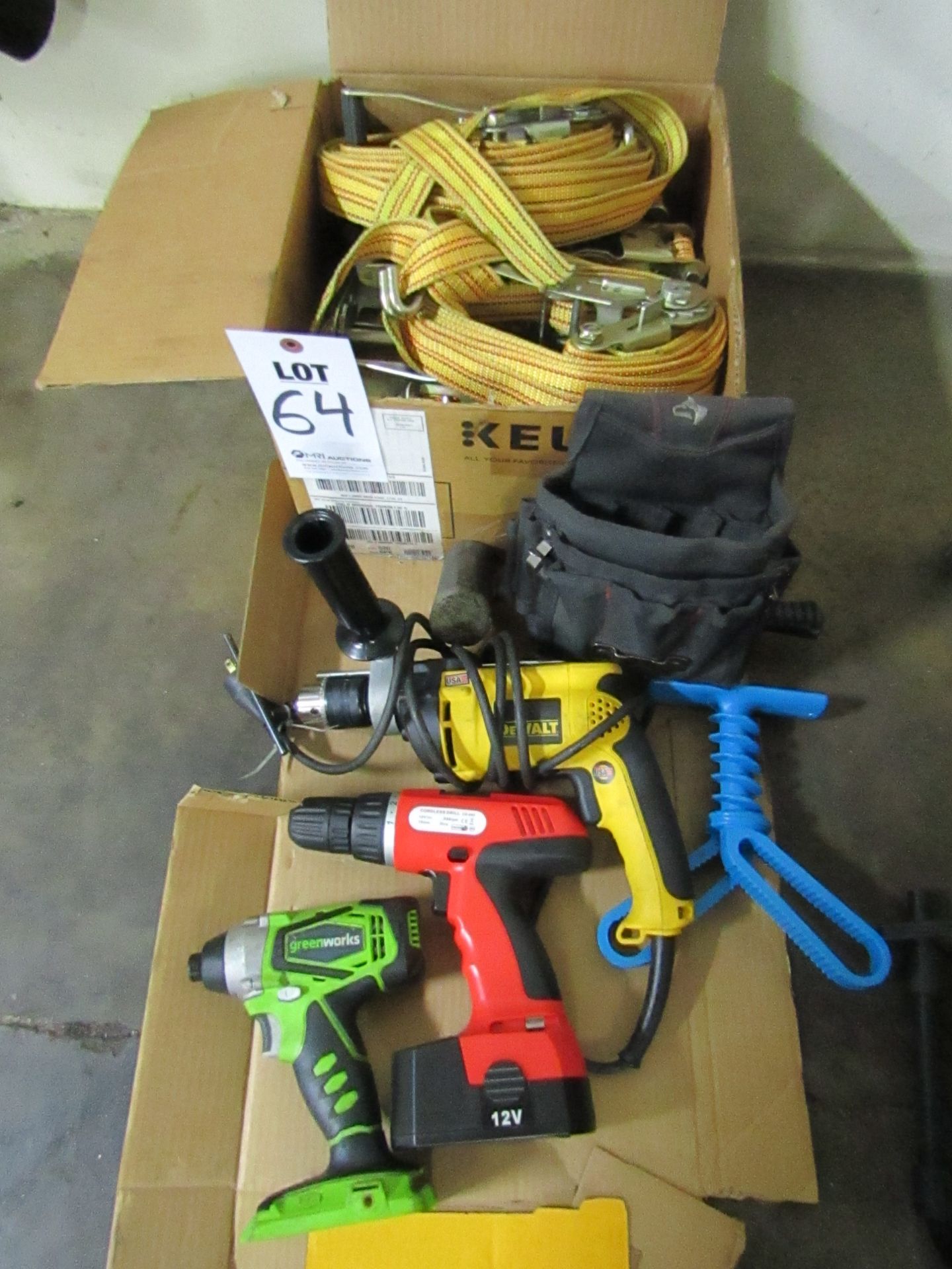 LOT TO INCLUDE: MISC. DRILLS, DEWALT HAMMER DRILL DW511, TIE DOWN STRAPS *NO BATTERY FOR