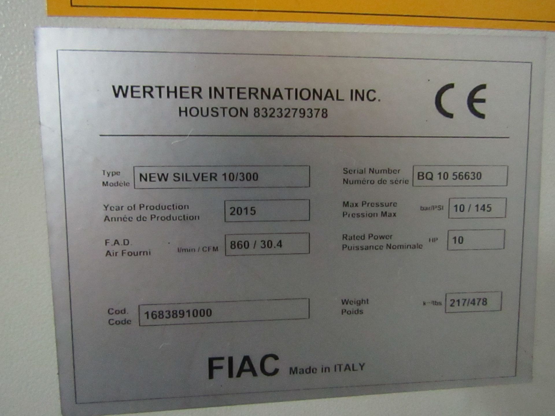 WERTHER AIR COMPRESSOR, MODEL NEW SILVER 10/300, SERIAL BQ 10 56630, MANUFACTURED 2015 - Image 4 of 4