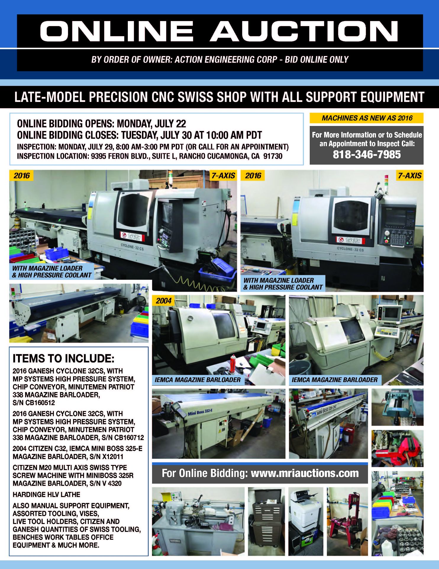 FEATURING: PRECISION CNC SWISS SHOP WITH ALL SUPPORT EQUIPMENT, MACHINES AS NEW AS 2016!