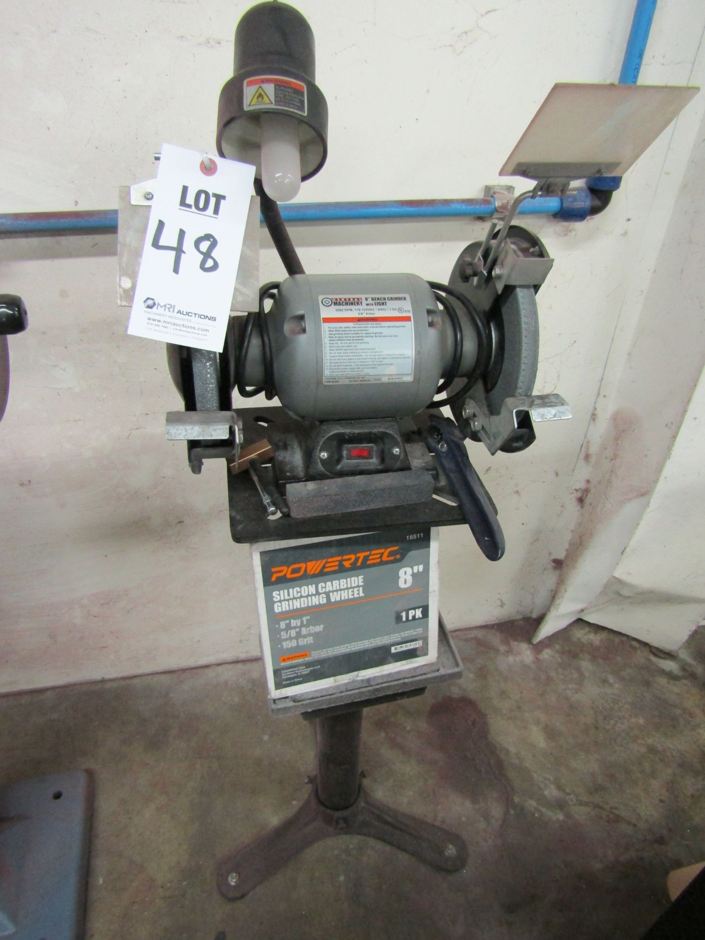 LOT TO INCLUDE: CENTRAL MACHINERY 8' BENCH GRINDER, 3560 RPM, (1) SPARE SILICON CARBIDE GRINDING