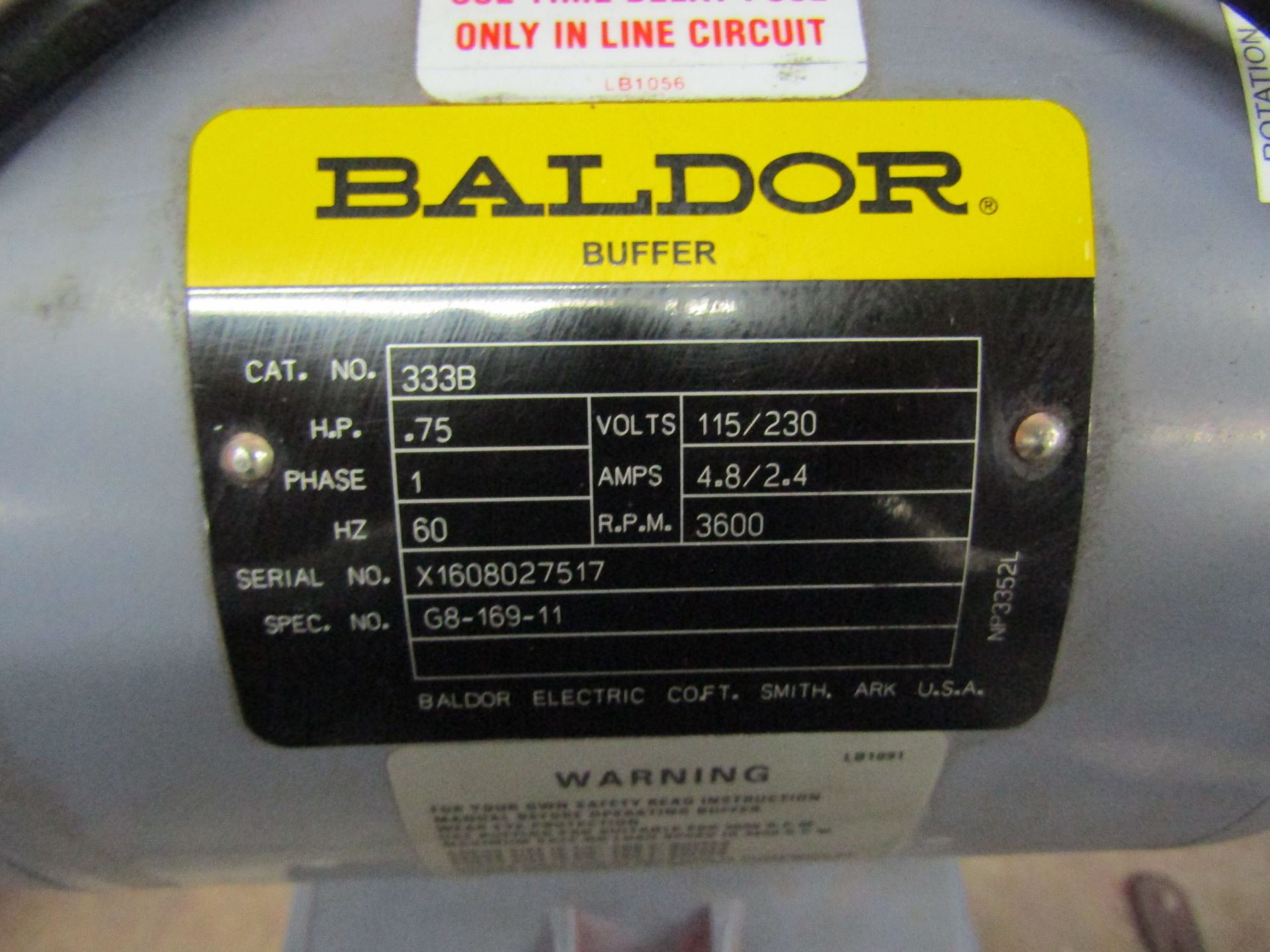 BALDOR BUFFER, MODEL 333B, HP 3/4, 1 PHASE, SERIAL X1608027517 - Image 2 of 2