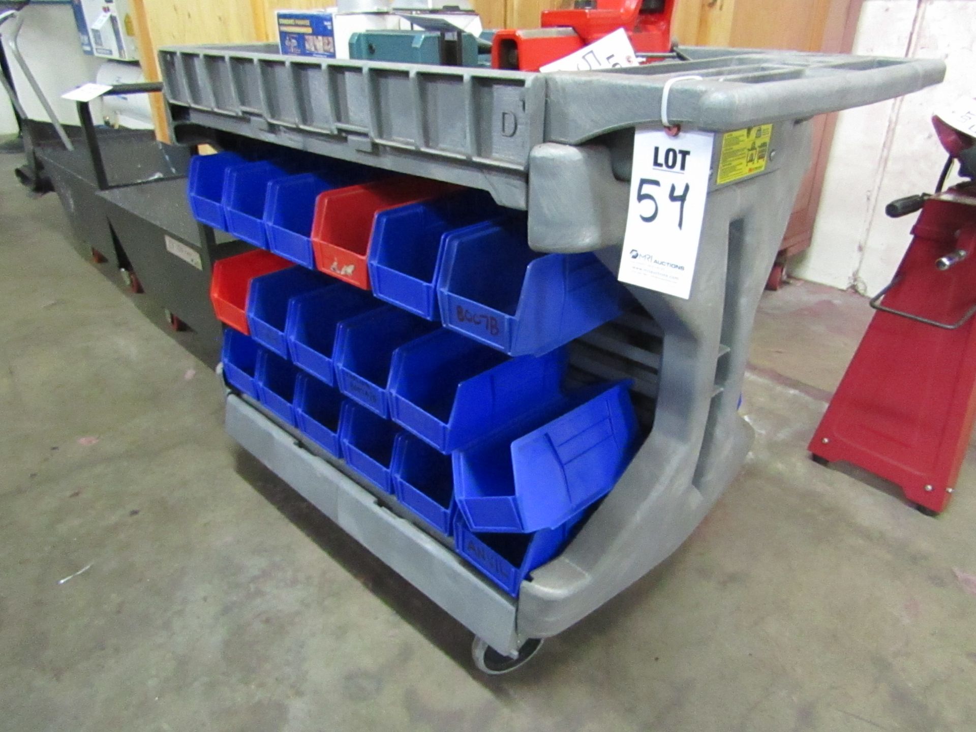 ULINE ROLLING WORK AND TOOL CART, (36) BLUE AND RED PLASTIC ORGANIZER BOXES