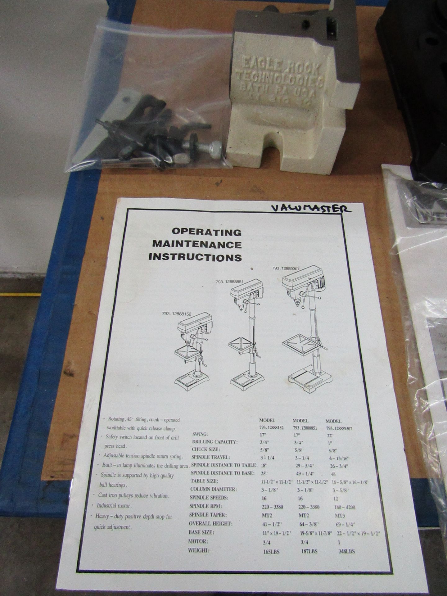 VALUMASTER DRILL PRESS, 16 SPEED, MODEL 793.12888851, 5/8" CHUCK SIZE, 3/4 HP MOTOR, MISC. TOOLING - Bild 4 aus 4