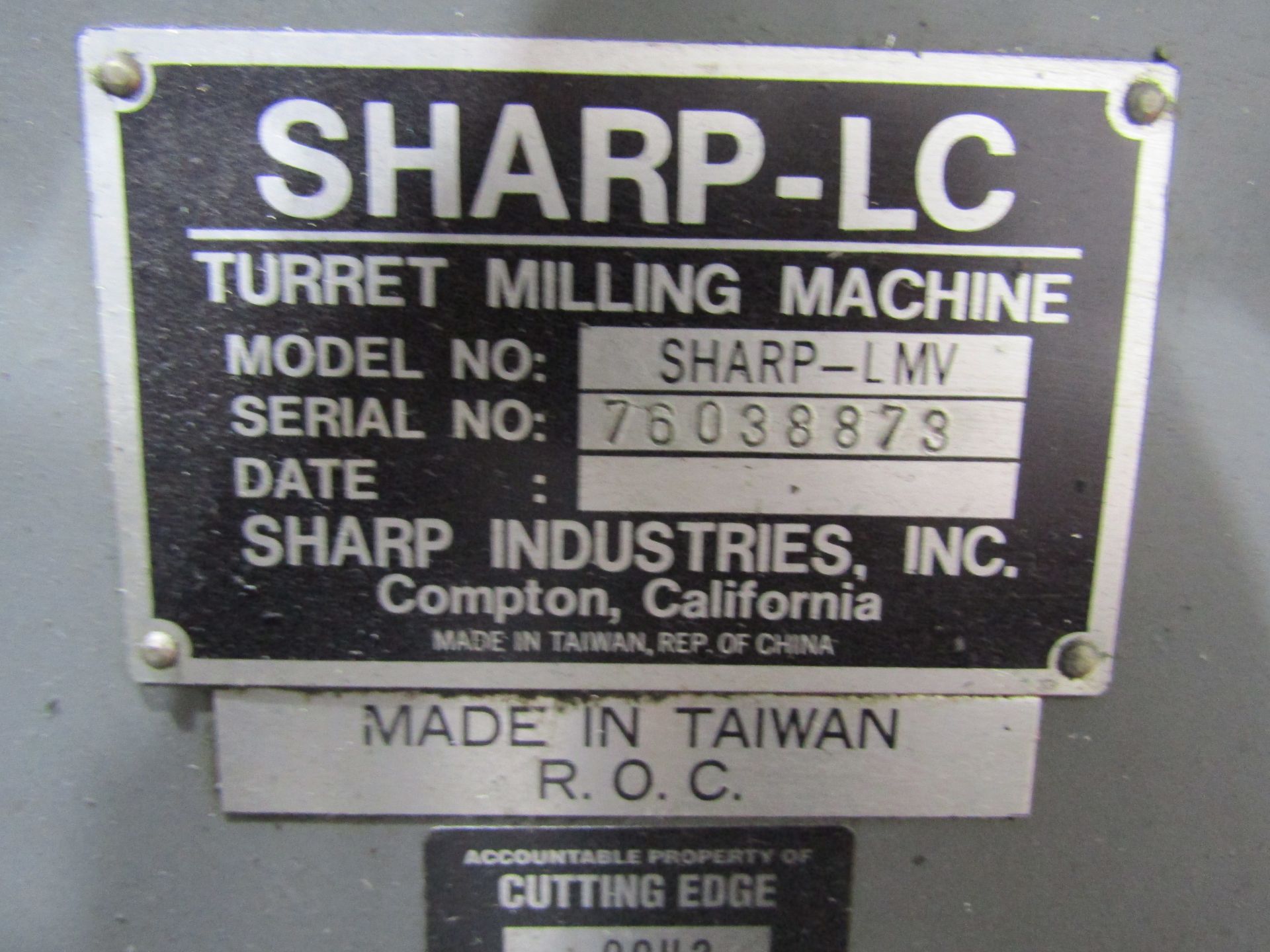 SHARP FIRST TURRET MILLING MACHINE, MODEL LMV, SERIAL 76038873. LOT TO INCLUDE: (1) MITUTOYO 2 - Image 7 of 7