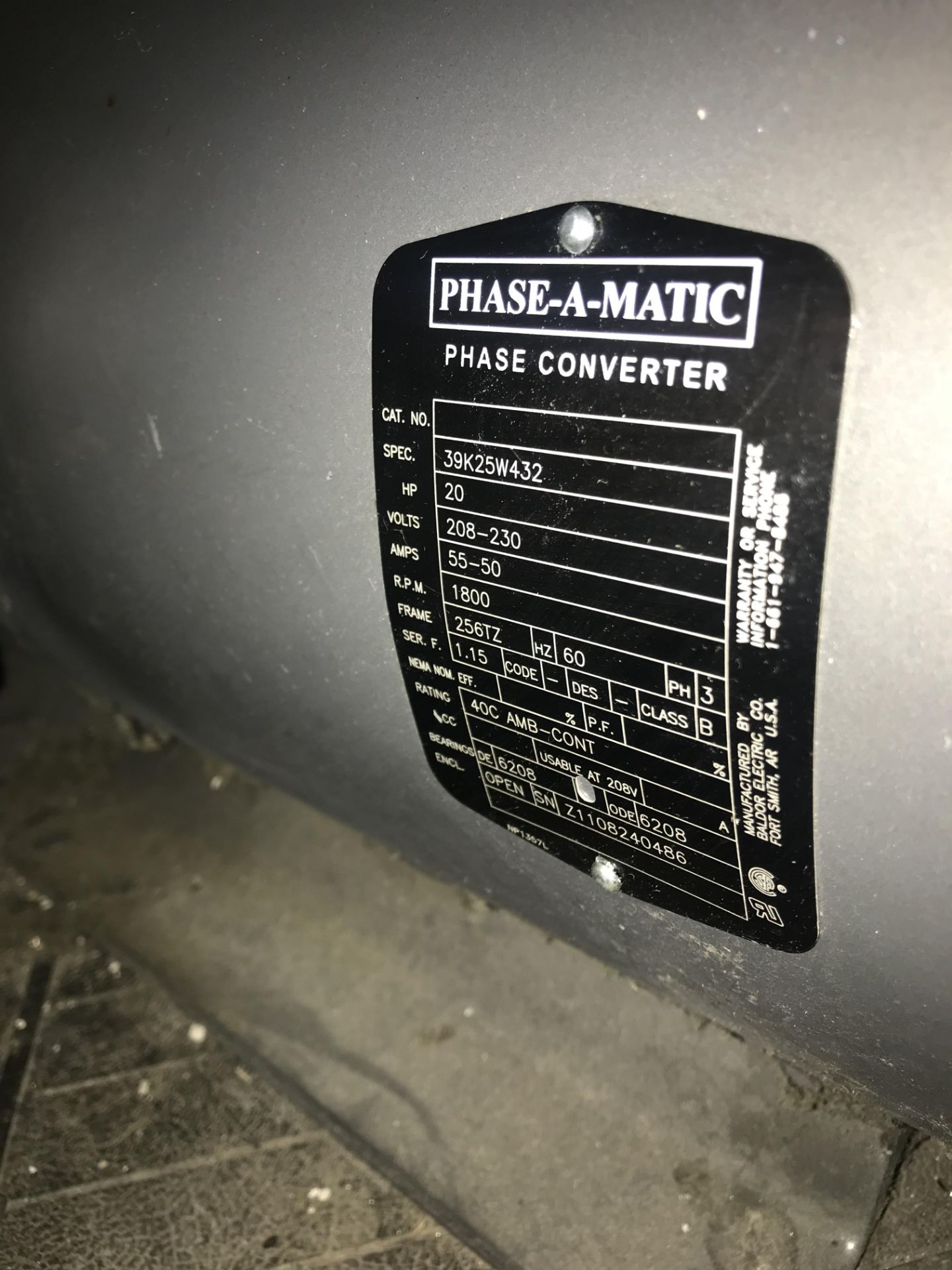 PHASE-A-MATIC PHASE CONVERTER, MODEL R40, 40 HP, SN: K039, PHASE-A-MATIC PHASE CONVERTER, MODEL R20, - Image 3 of 4