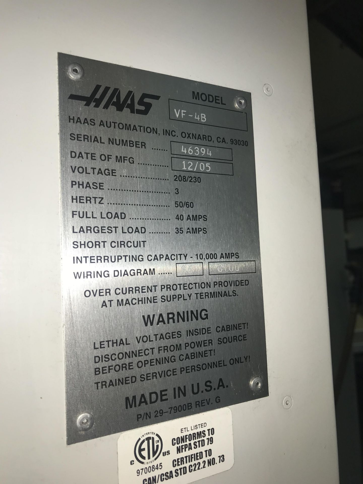 2005 HAAS VF-4B, 20 HP, 10K SPINDLE, 1000 IPM RAPID 24 TOOL SMTC, 4TH AXIS READY, WIPS, CHIP - Image 8 of 9