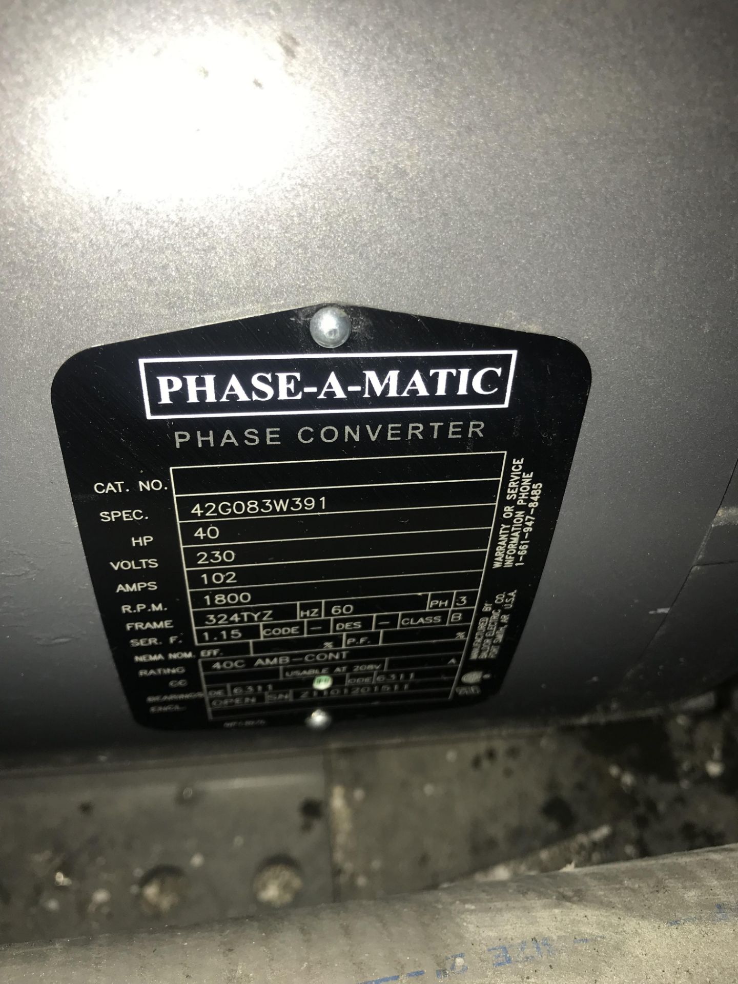 PHASE-A-MATIC PHASE CONVERTER, MODEL R40, 40 HP, SN: K039, PHASE-A-MATIC PHASE CONVERTER, MODEL R20, - Image 4 of 4