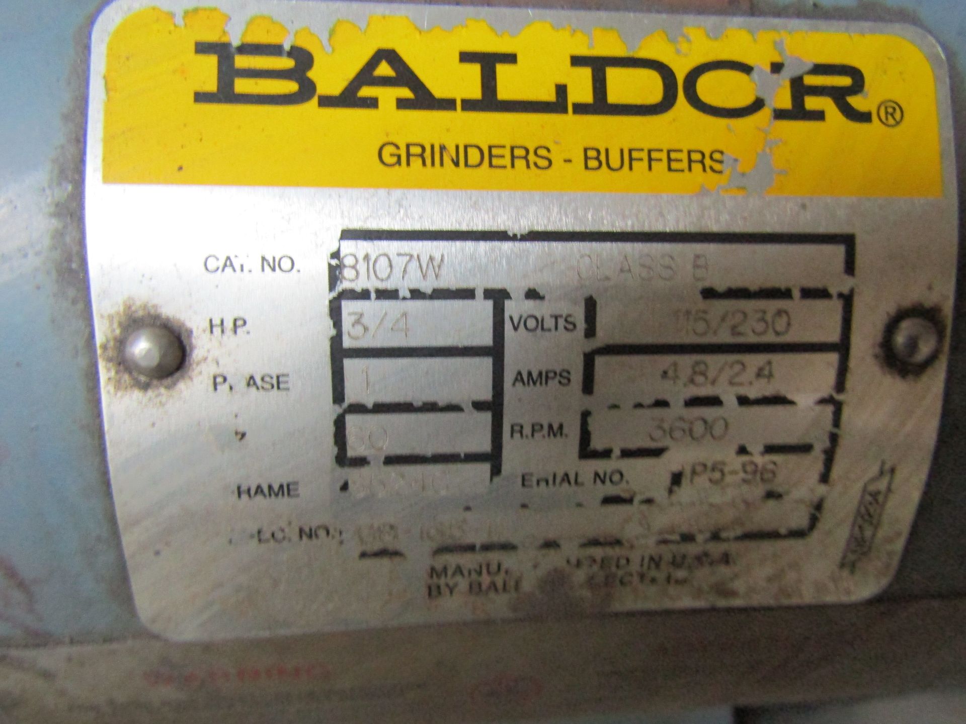 BALDOR BENCH GRINDER, MODEL 8107W CLASS B, 3/4 HP, 115 V, 60 HZ, 1 PHASE, 3600 RPM - Image 2 of 2