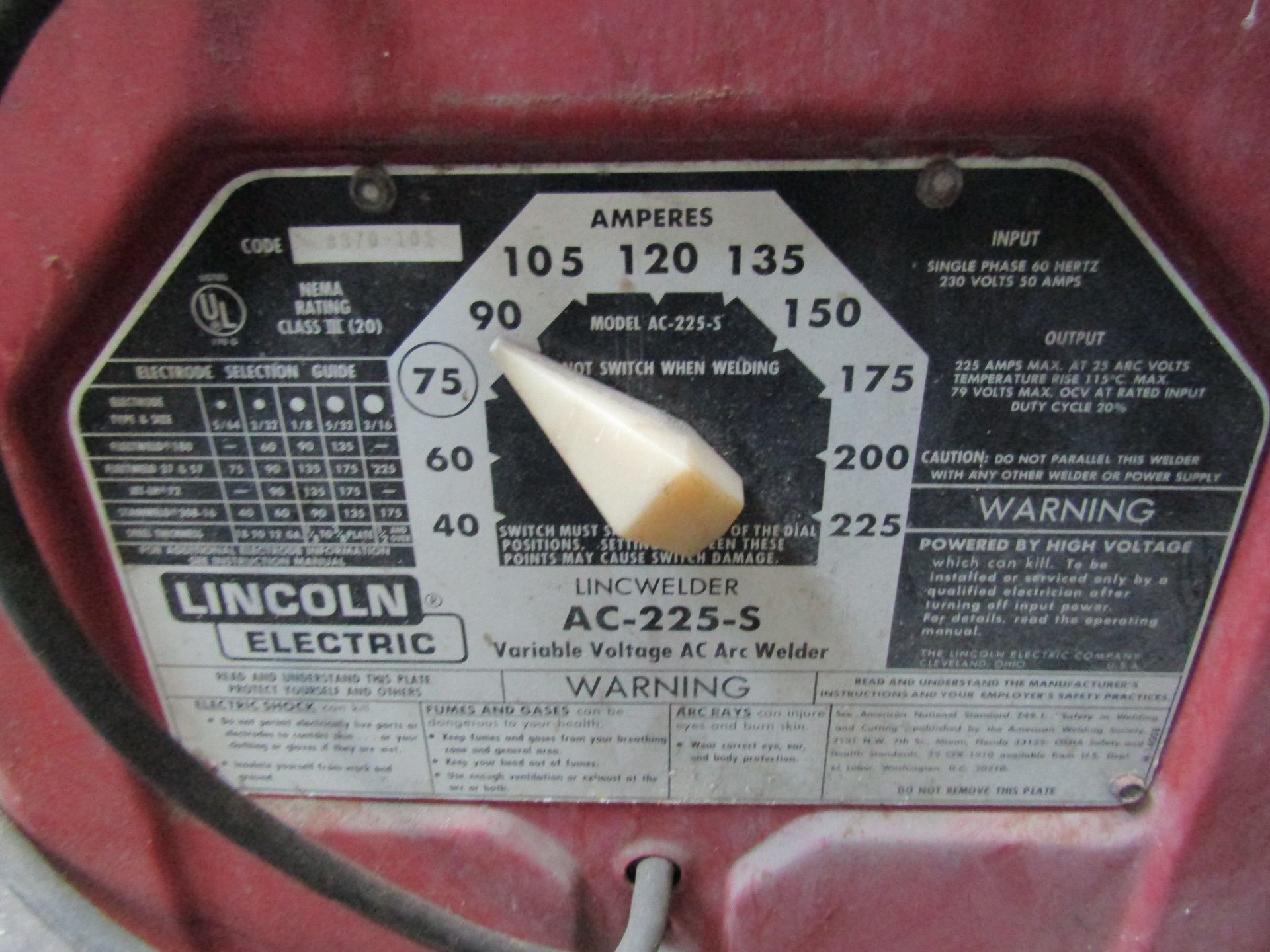 LINCOLN ELECTRIC VARIABLE VOLTAGE ARC WELDER, MODEL LINC WELDER AC-225-S - Image 2 of 2