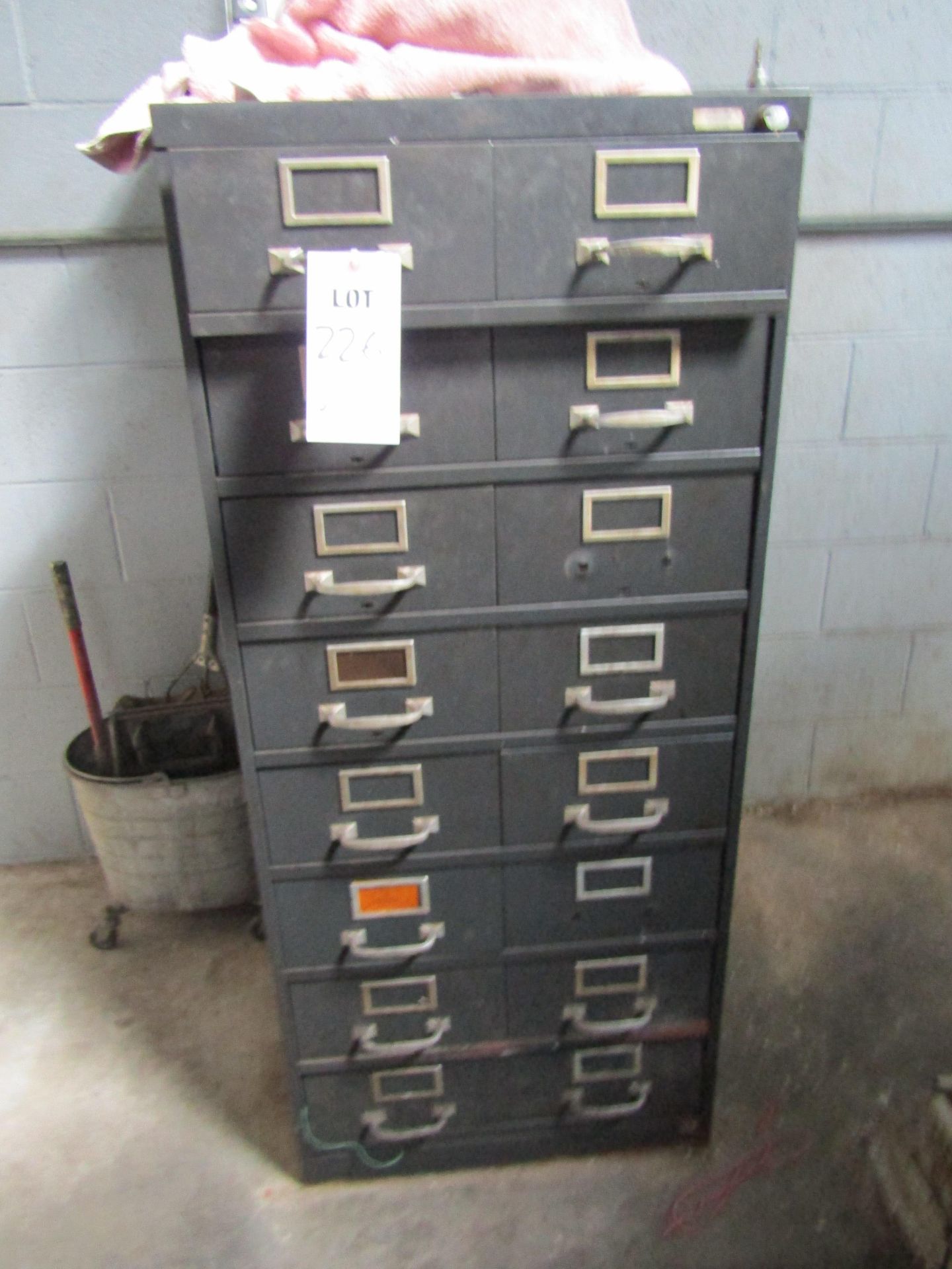 (1) STEEL PARTS CABINET, WITH CONTENTS, 16 DRAWER, DIMENSIONS 29" X 23" X 52"H