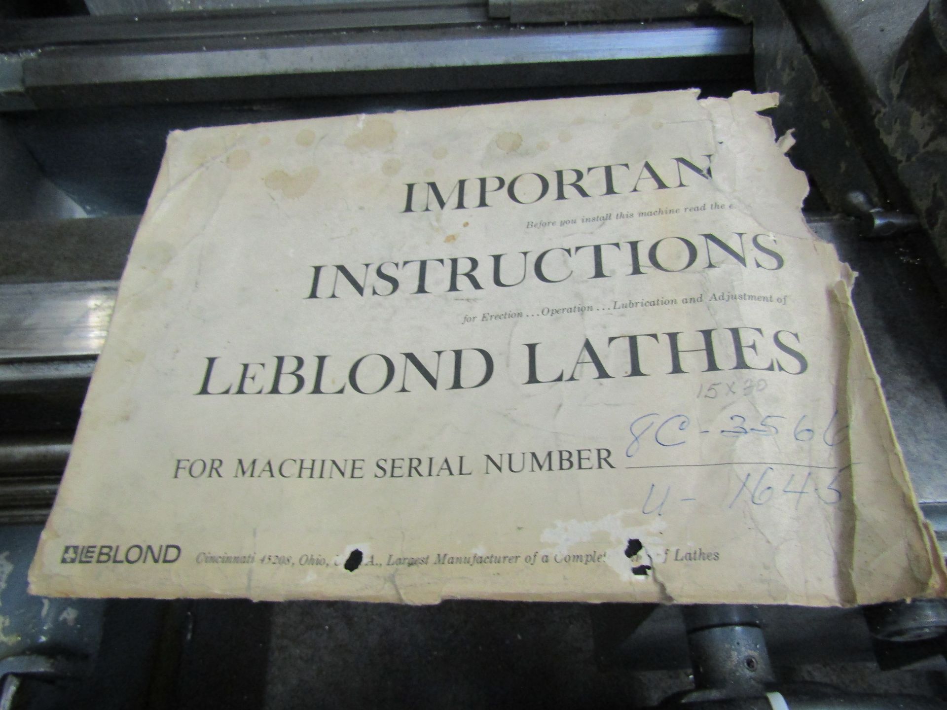 1971 LEBLOND REGAL ENGINE LATHE, 15" SWING, SERIAL 8C-3566. WITH ASSORTED TOOL HOLDERS AND - Image 10 of 11