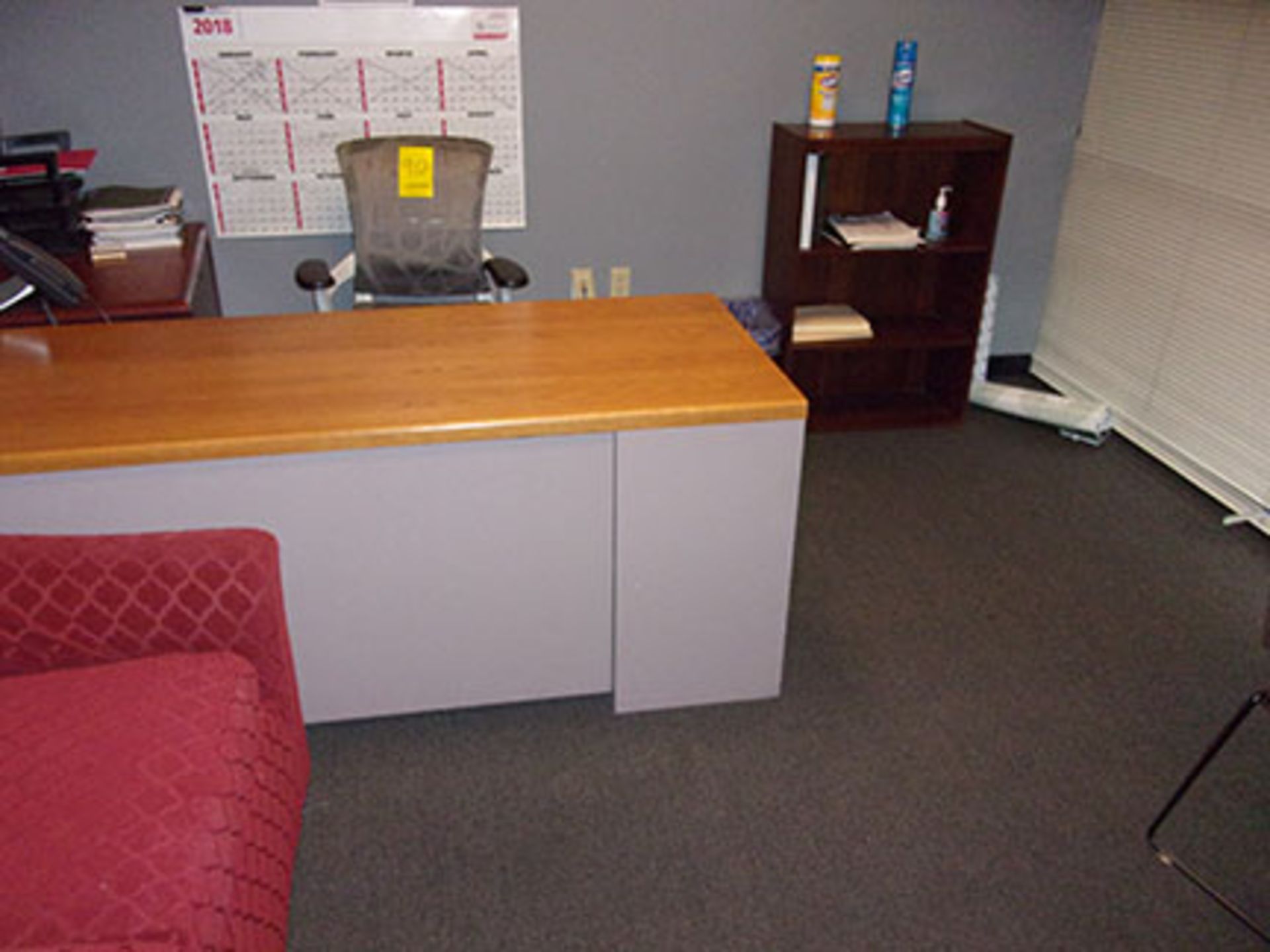 DESK WITH CHAIR, FILING CABINET, WOOD SHELF, TABLE WITH (2) CHAIRS (NO IT EQUIPMENT) - Image 2 of 3
