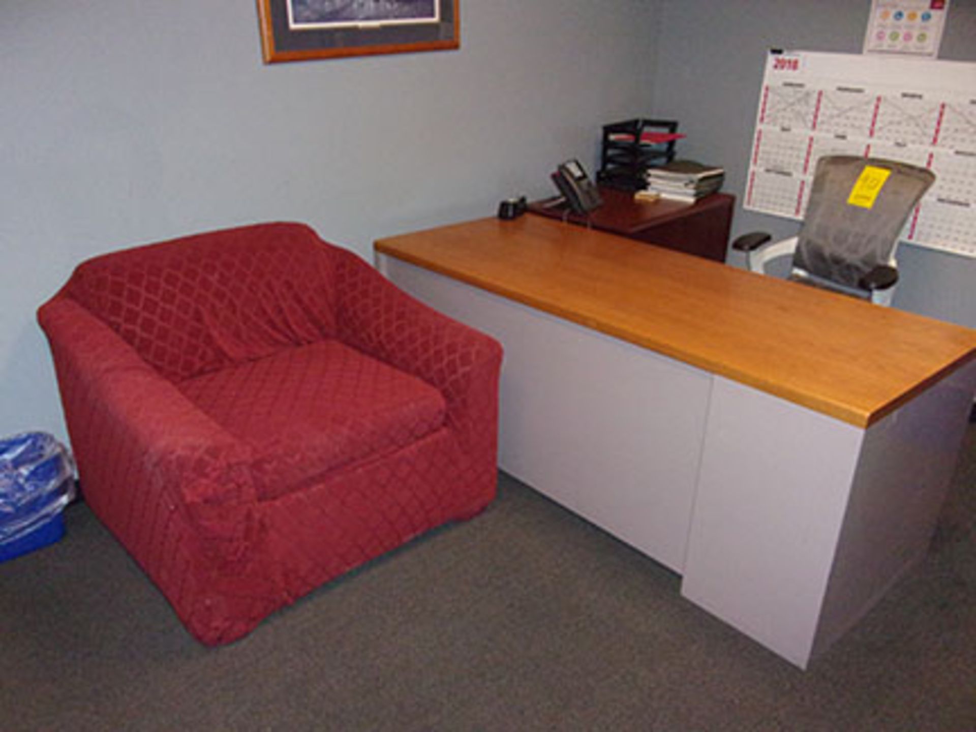 DESK WITH CHAIR, FILING CABINET, WOOD SHELF, TABLE WITH (2) CHAIRS (NO IT EQUIPMENT) - Image 3 of 3