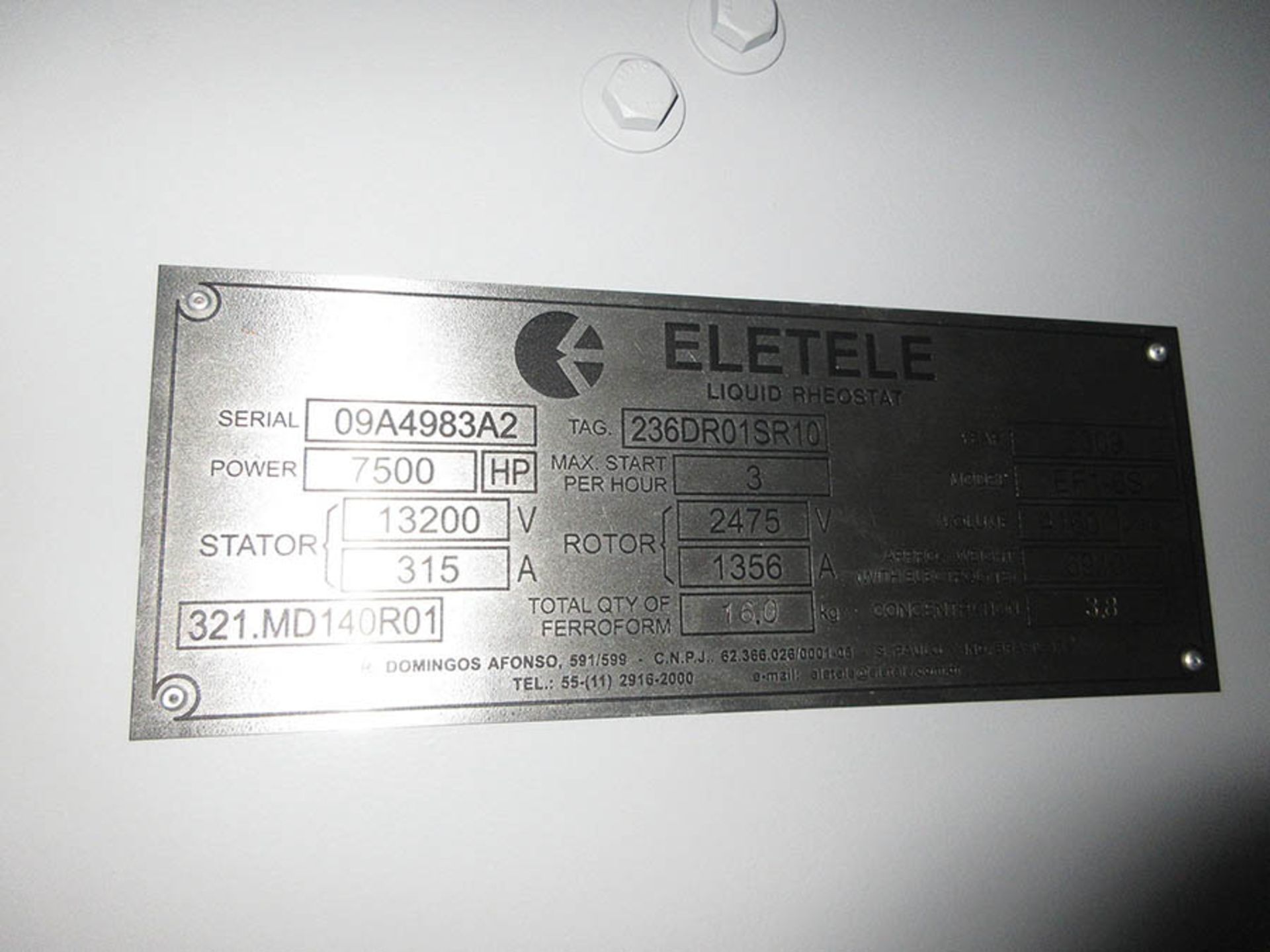 ELETELE LIQUID RHEOSTAT AUTOMATIC WITH FIXED ELECTRODES FOR SLIP RING WOUND MOTOR, 7500-HP SERIES, - Image 3 of 3