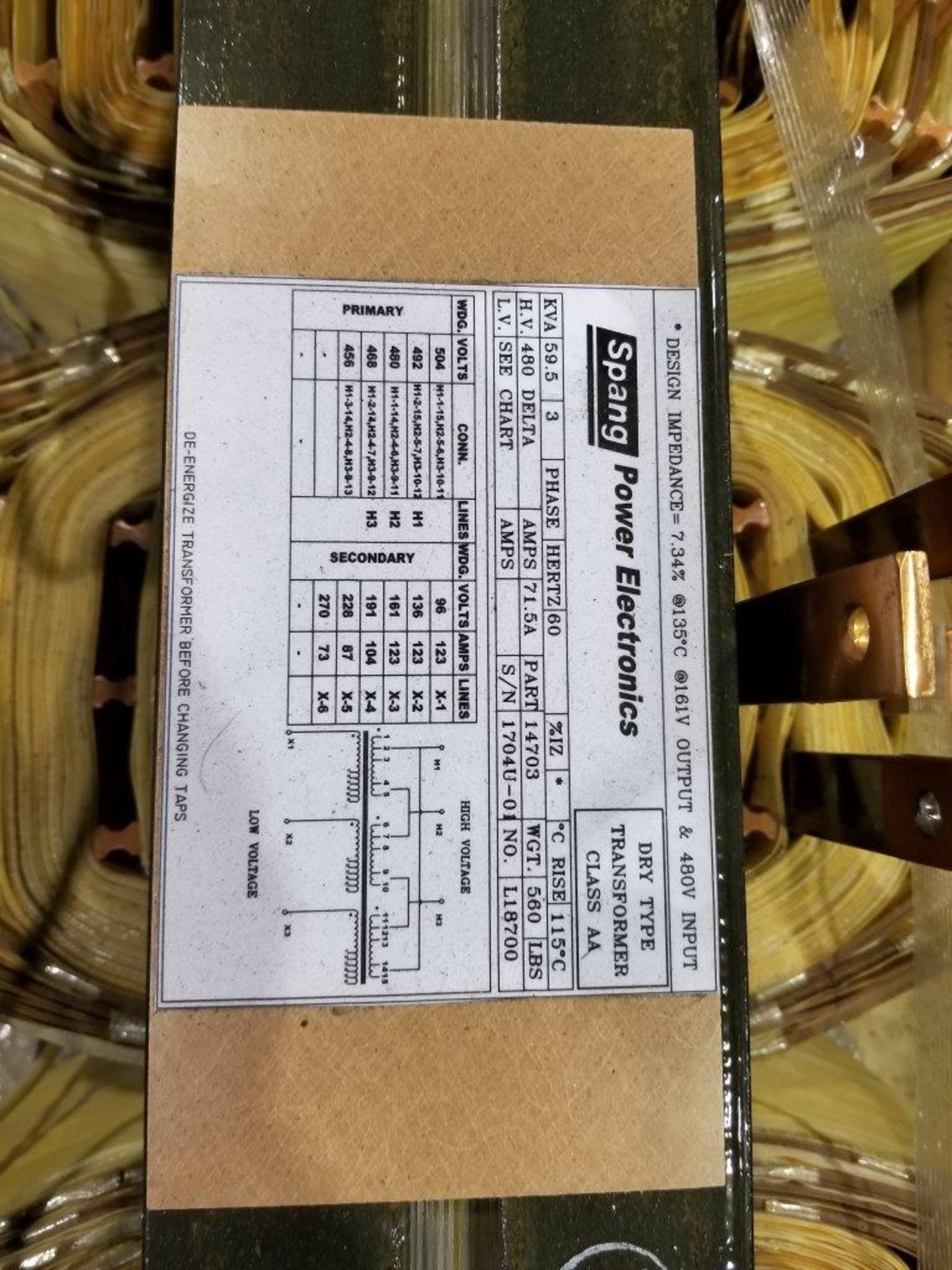 SPANG POWER ELECTRONICS DRY TYPE TRANSFORMER; 480V INPUT, 59.5 KVA, 3-PHASE - Image 2 of 2