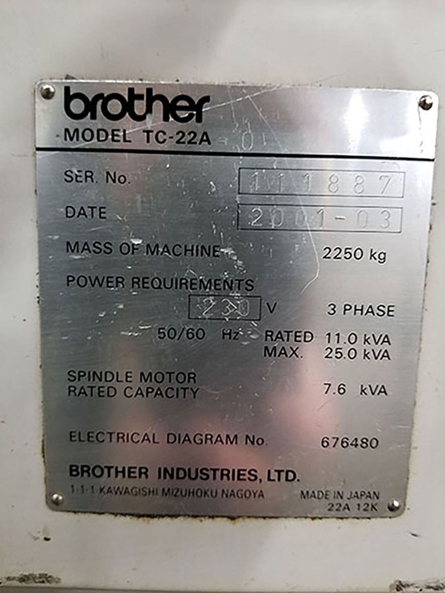 2001 BROTHER TC-22A-0 CNC VMC; 26-POS. ATC; COOLANT SYSTEM, BROTHER CONTROL, S/N 111887 - Bild 5 aus 8