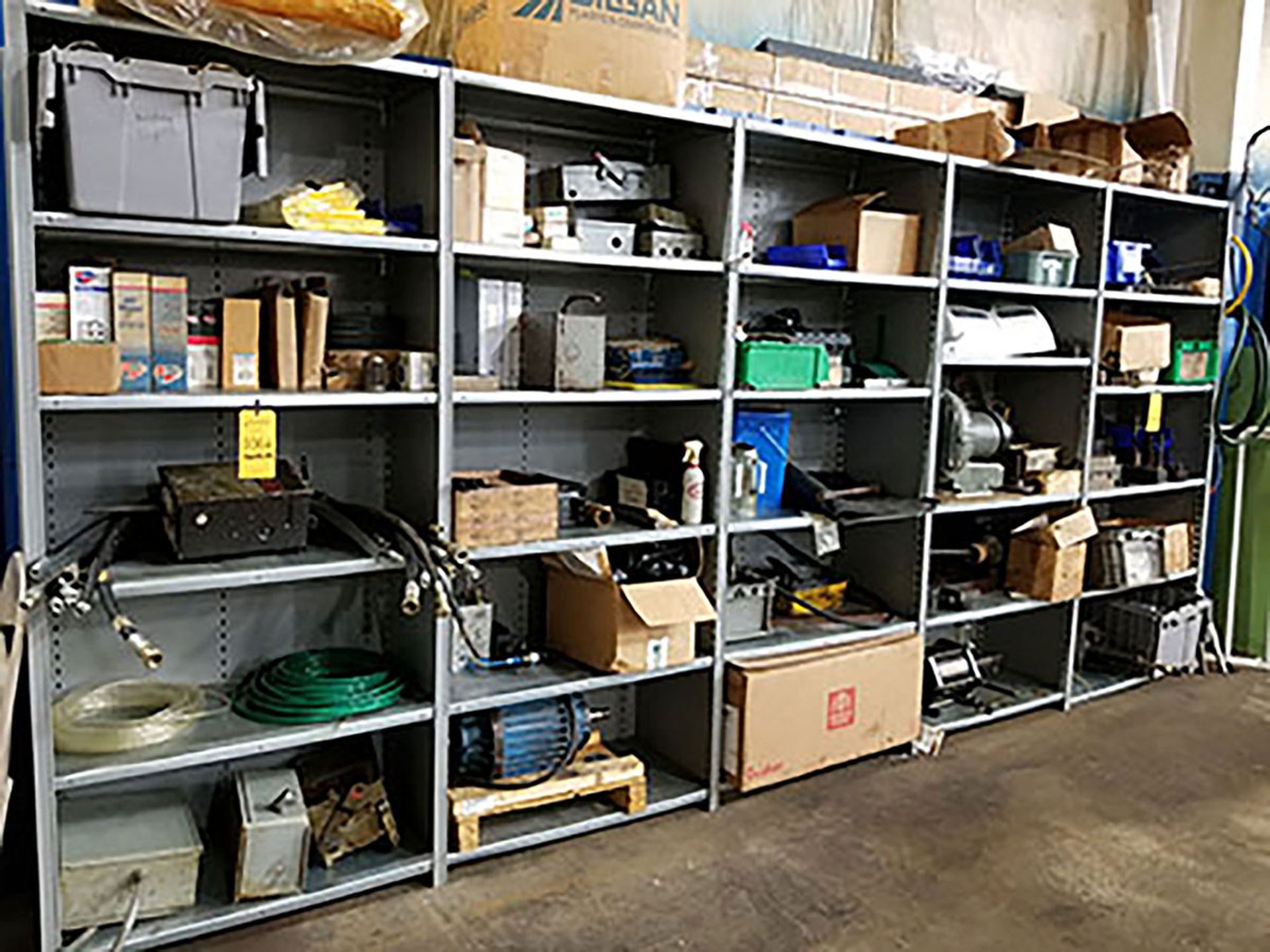 CONTENTS OF (5) SECTION SHELF UNIT; HYDRAULIC HOSES, ELECTRICAL BOXES, ELECTRIC MOTORS, AND