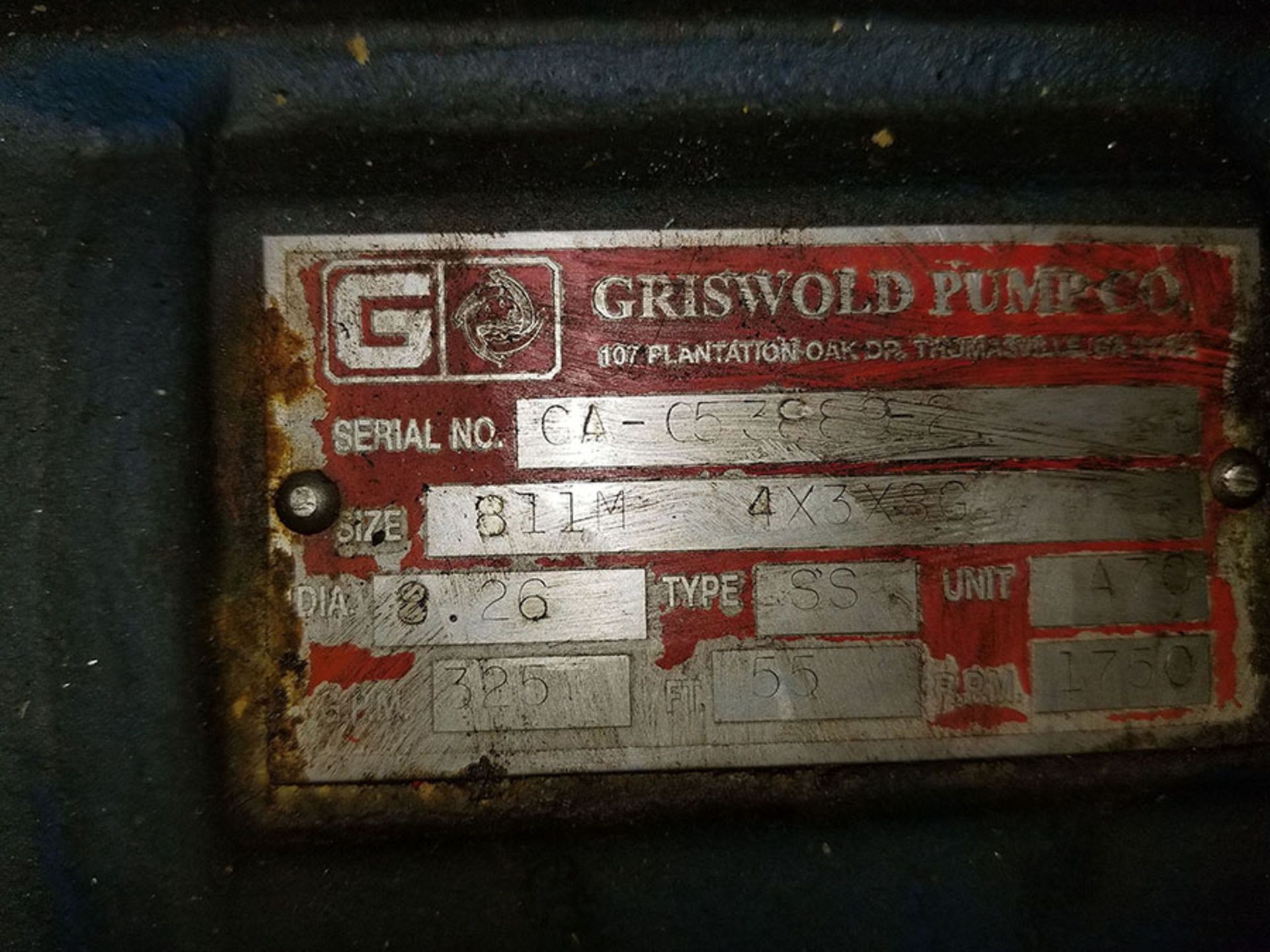 GRISWOLD PUMPS, SIZE 811M 4 X 3 X 8G, 8.26 DIA., 325 GPM, 1750 RPM, 55', A70 UNIT, S/S (X3) - Image 3 of 3