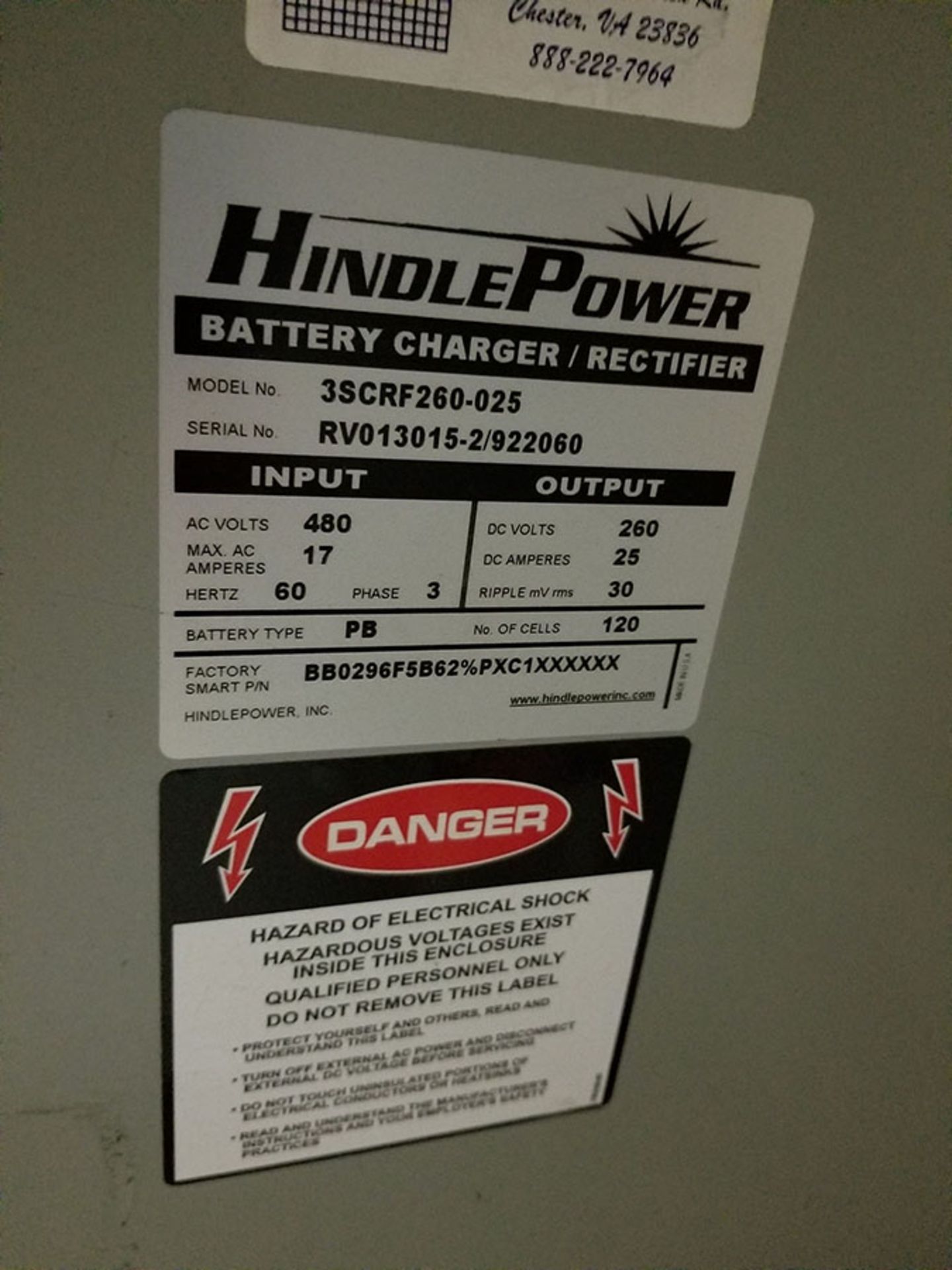 125 HINDLEPOWER BATTERY CHARGER/RECTIFIER, MODEL 3SCRF260-25, 260 DC VOLT OUTPUT, 120 CELL - Image 2 of 2