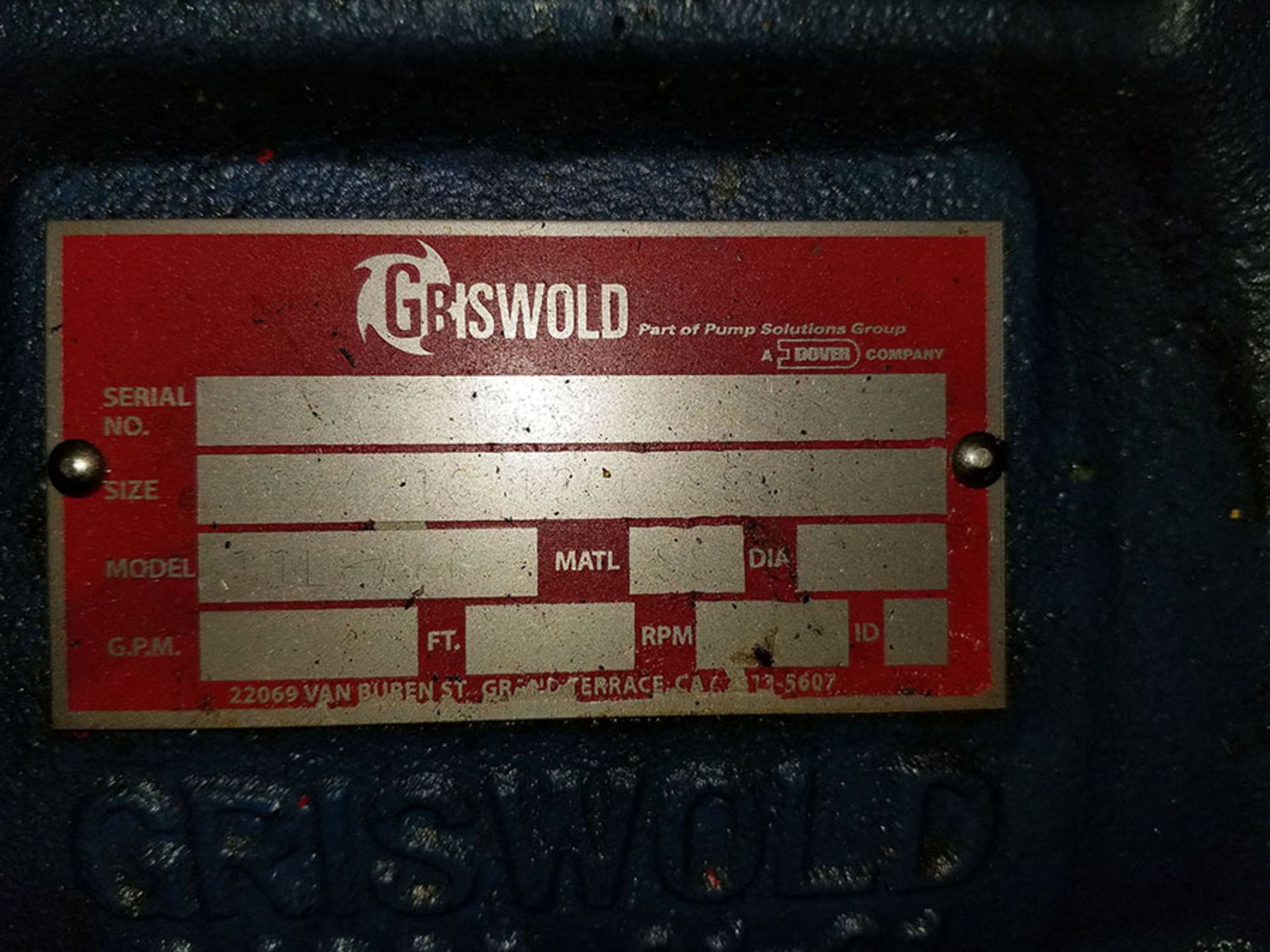 GRISWOLD PUMPS - SIZE 811M 3 X 2 X 13, 11.63 DIA., 305 GPM, 1750 RPM, 120', A30 UNIT, S/S & GRISWOLD - Image 5 of 5