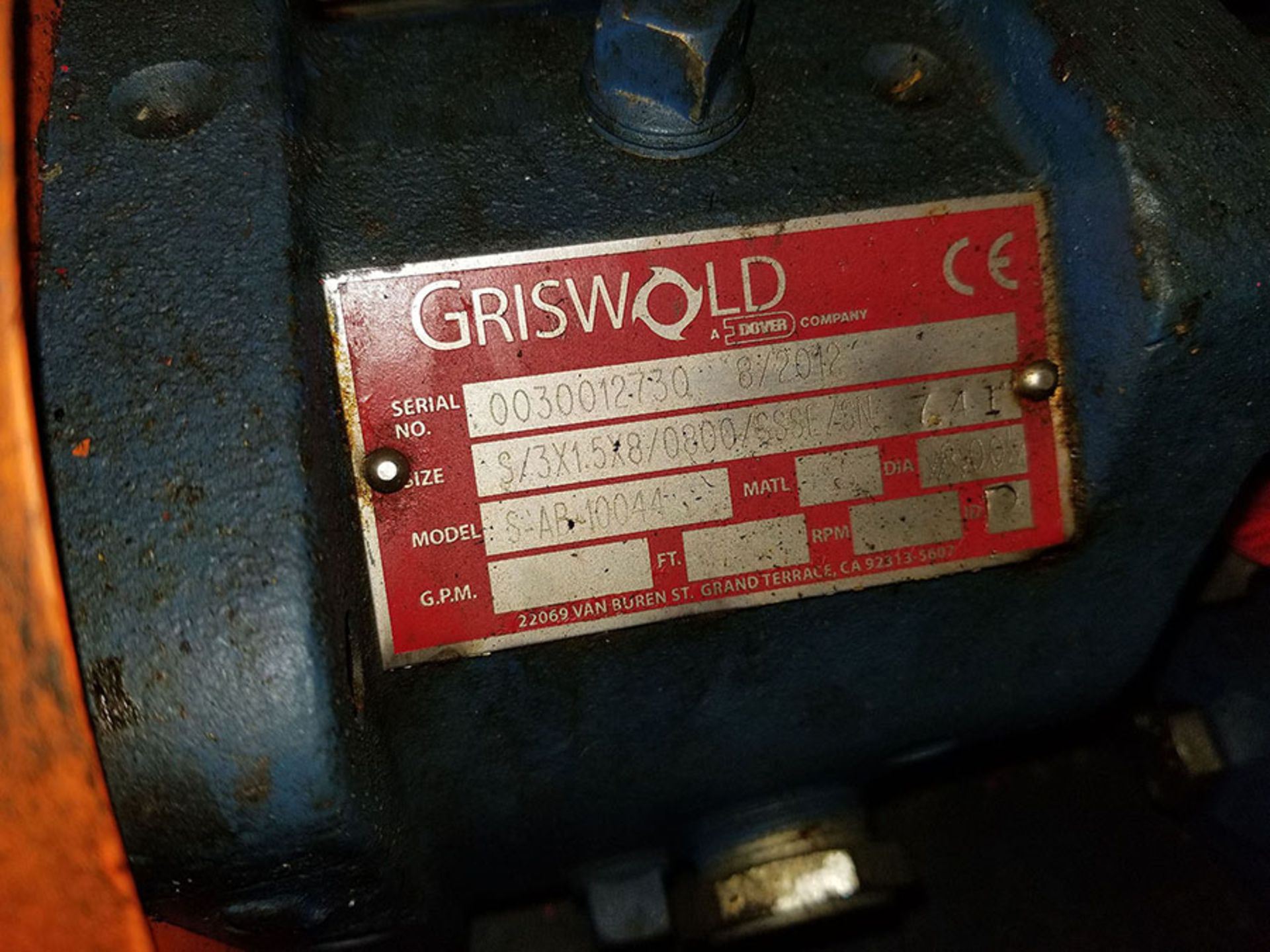 GRISWOLD PUMPS - (1) SIZE S/ 3 X 1.5 X 8/0800/SSSE/SN74, 8'' DIA., MODEL S-AB-10044 (1) SIZE L/ - Image 3 of 5