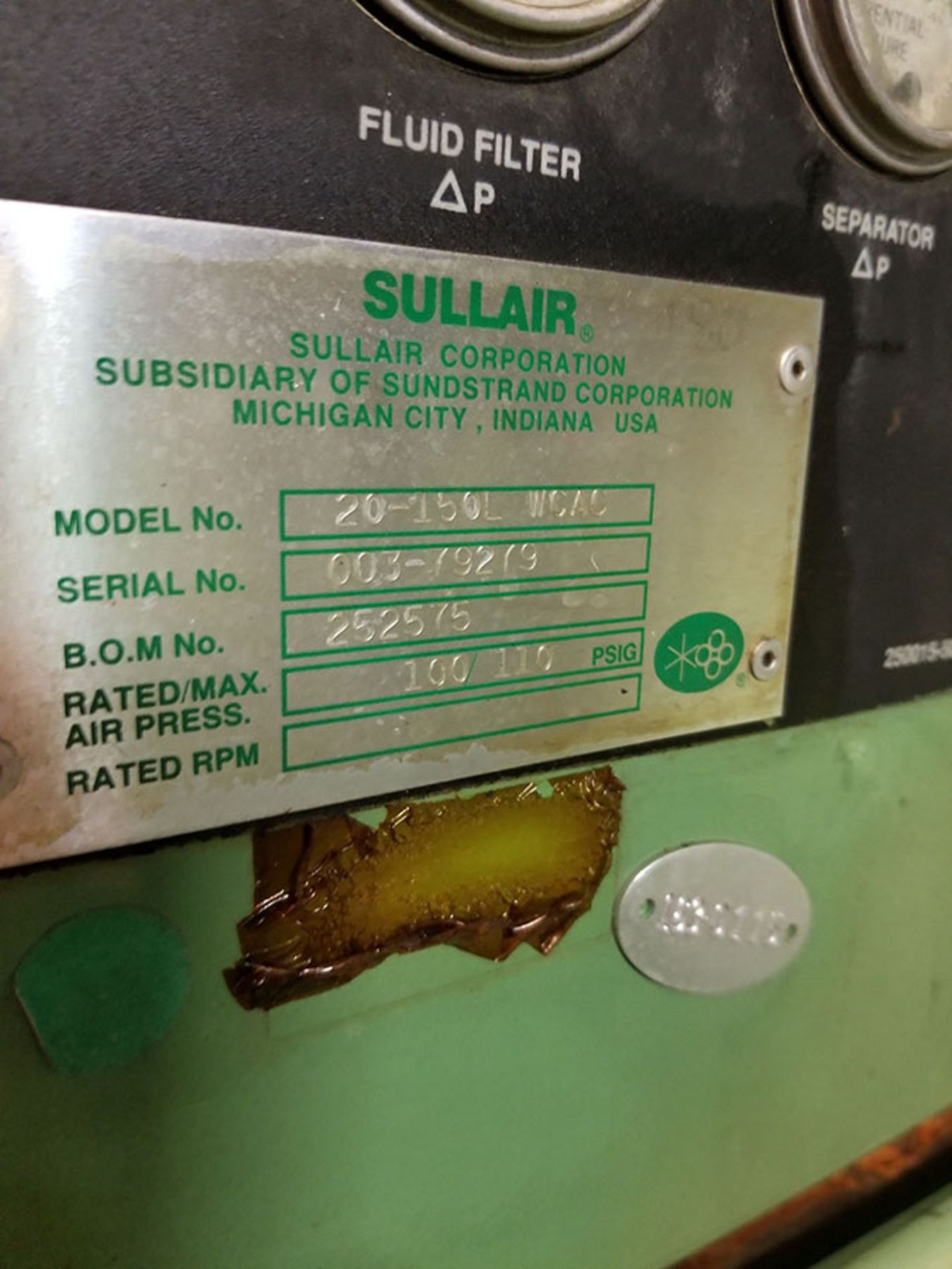 SULLAIR 150 HP SCREW AIR COMPRESSOR, MODEL 20-150L WCAC, 100/110 PSIG, S/N 003-79279 - Image 5 of 5