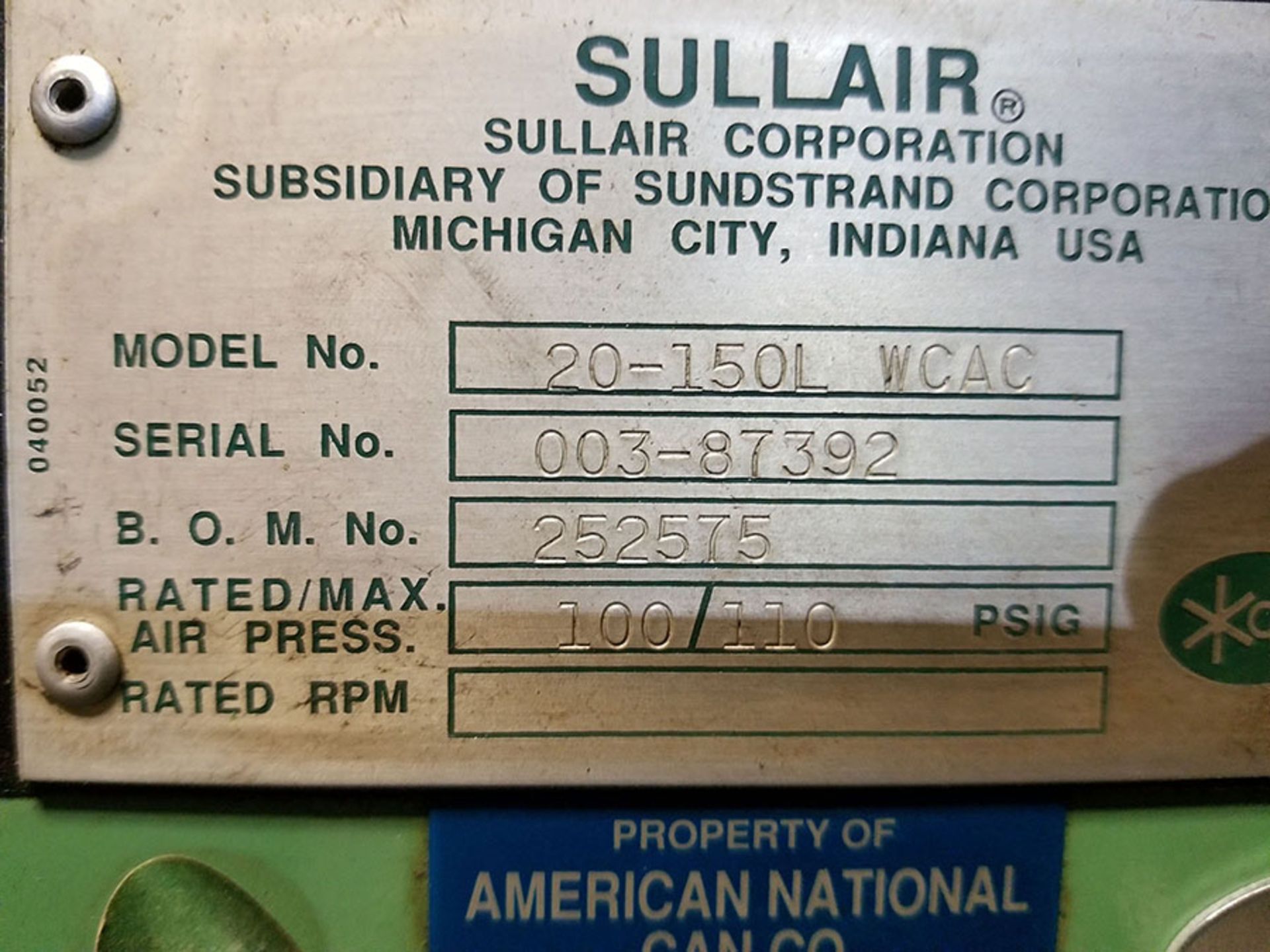 SULLAIR 150 HP SCREW AIR COMPRESSOR, MODEL 20-150L WCAC, 100/110 PSIG, S/N 003-87392 - Image 5 of 6