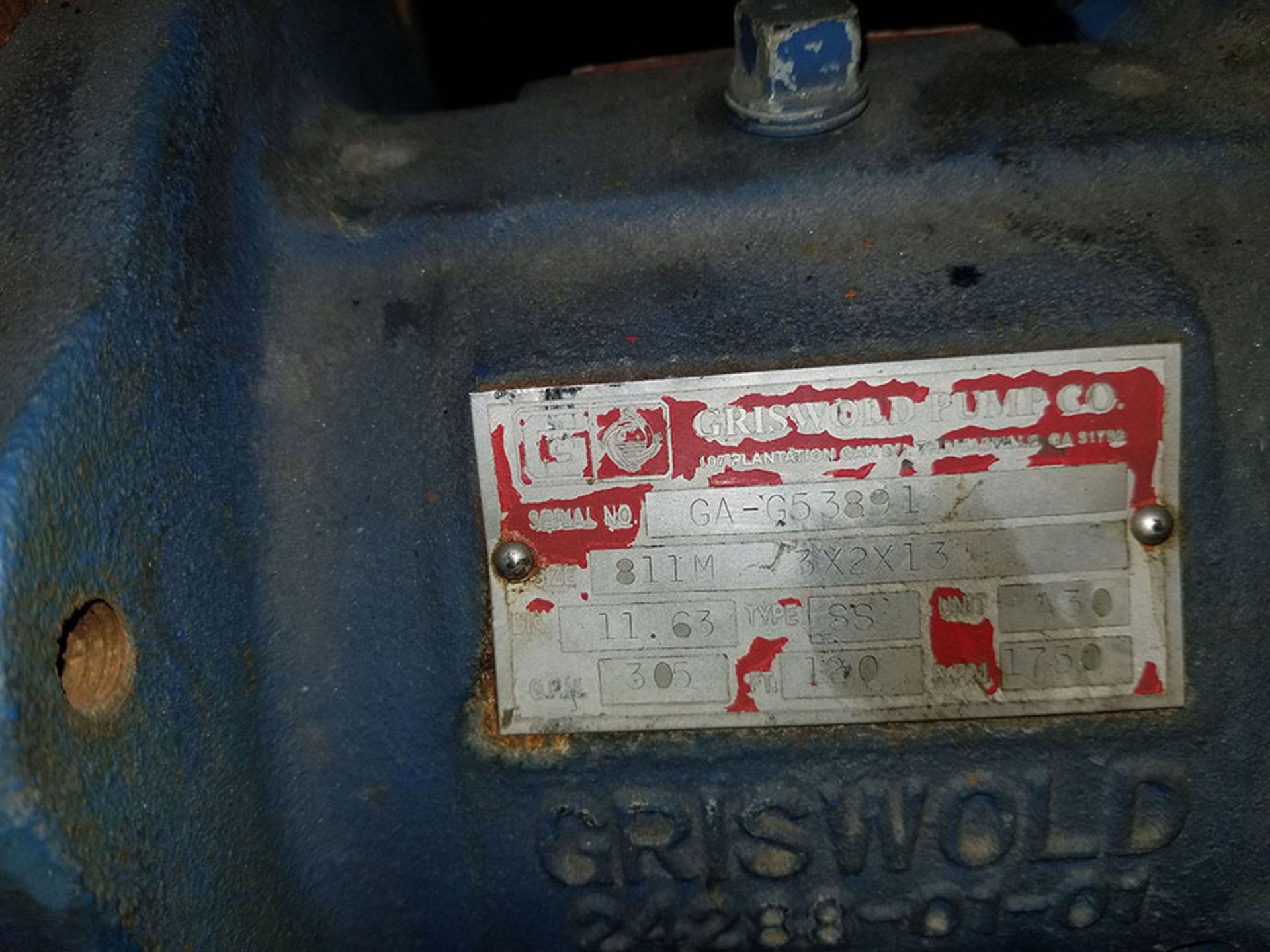 GRISWOLD PUMPS - SIZE 811M 3 X 2 X 13, 11.63 DIA., 305 GPM, 1750 RPM, 120', A30 UNIT, S/S & GRISWOLD - Image 2 of 5