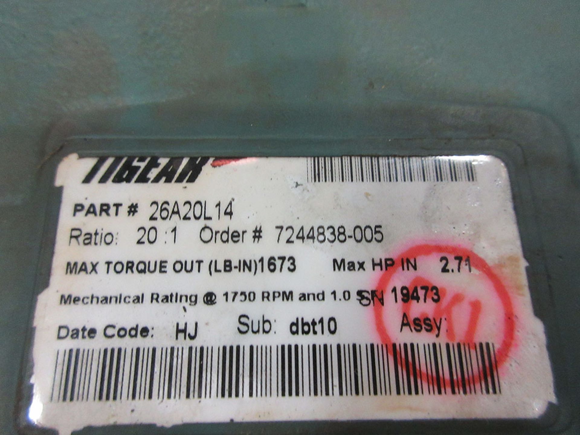 TIGEAR 2 REDUCER; 26A20L14, 20:1 RATIO - Image 2 of 2
