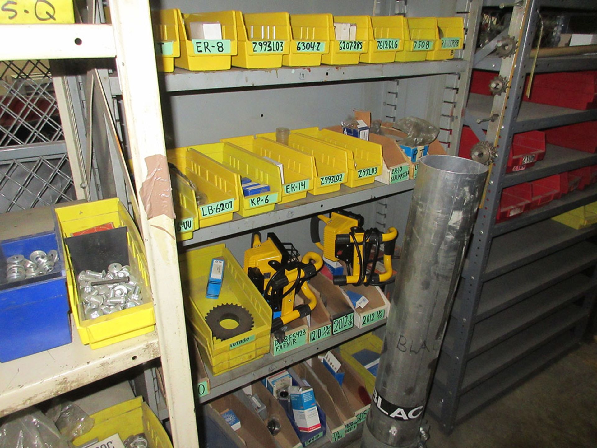 (16) SECTIONS OF ASSORTED SHELVING WITH CONTENTS; HARDWARE, BEARINGS, AIR TANKS, HOSE, PULLEYS, - Image 4 of 13