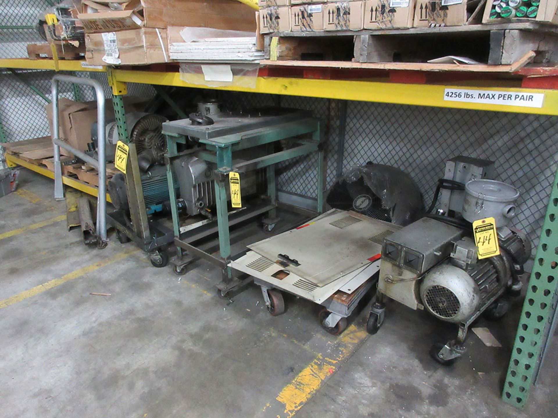 CONTENTS ON & BENEATH PALLET RACK; VACUUM PUMPS, ELECTRIC MOTORS, ELECTRIC CHAIN HOISTS, ETC.