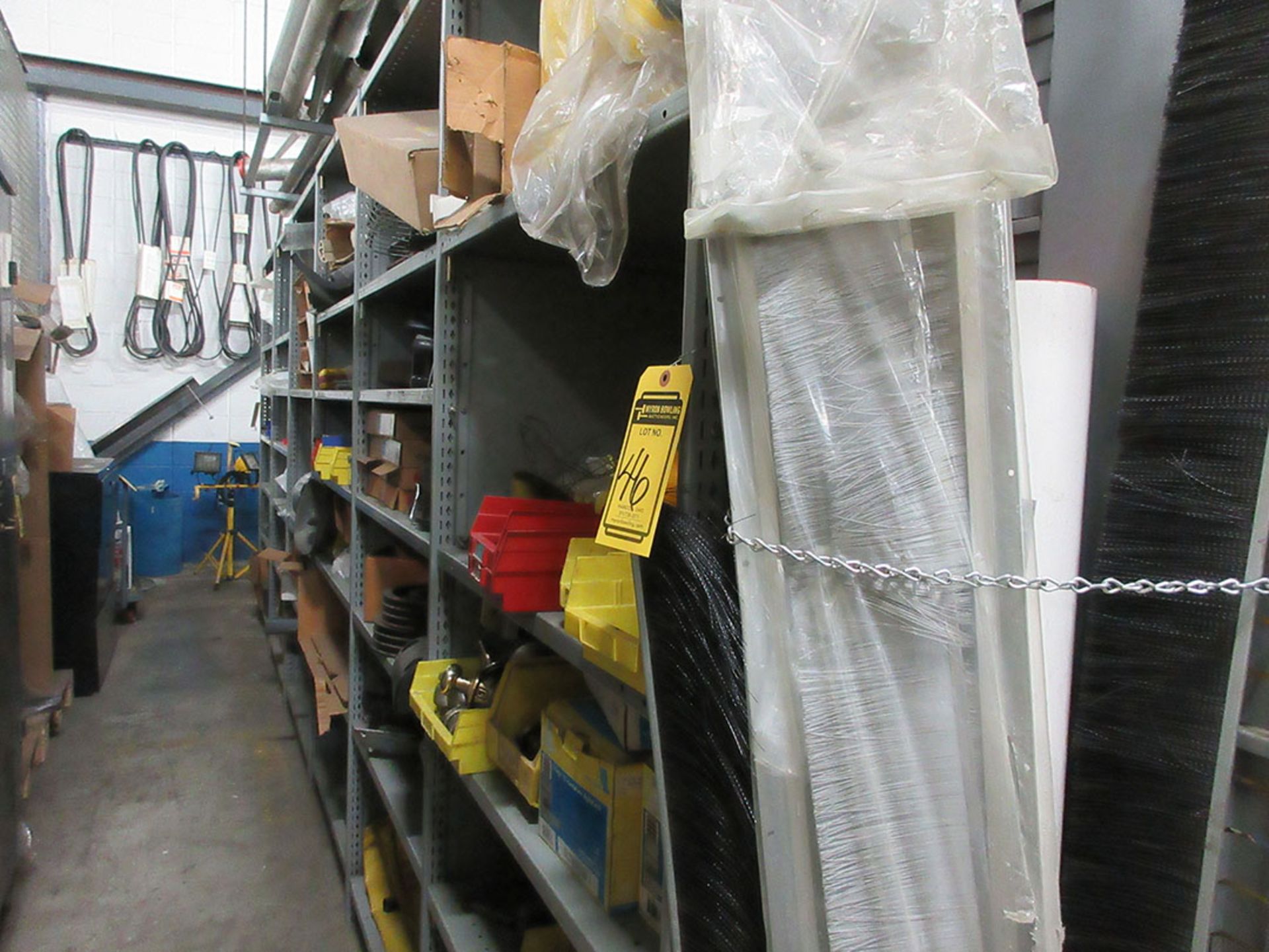 (16) SECTIONS OF ASSORTED SHELVING WITH CONTENTS; HARDWARE, BEARINGS, AIR TANKS, HOSE, PULLEYS, - Image 2 of 13