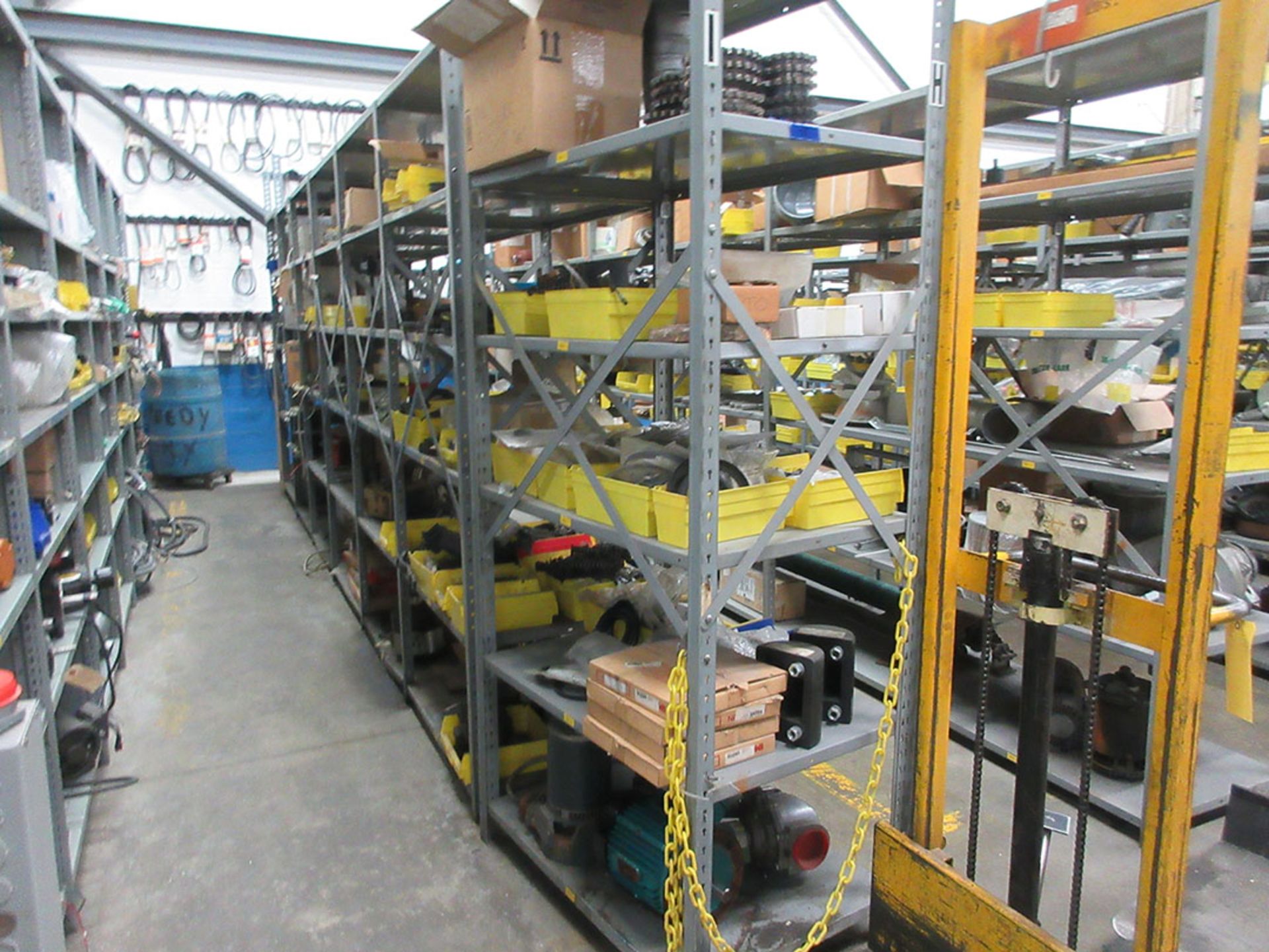 (14) SECTIONS OF BOLTLESS SHELVING WITH CONTENTS; HARDWARE, SHAFTS, FILTERS, FITTINGS, ETC.