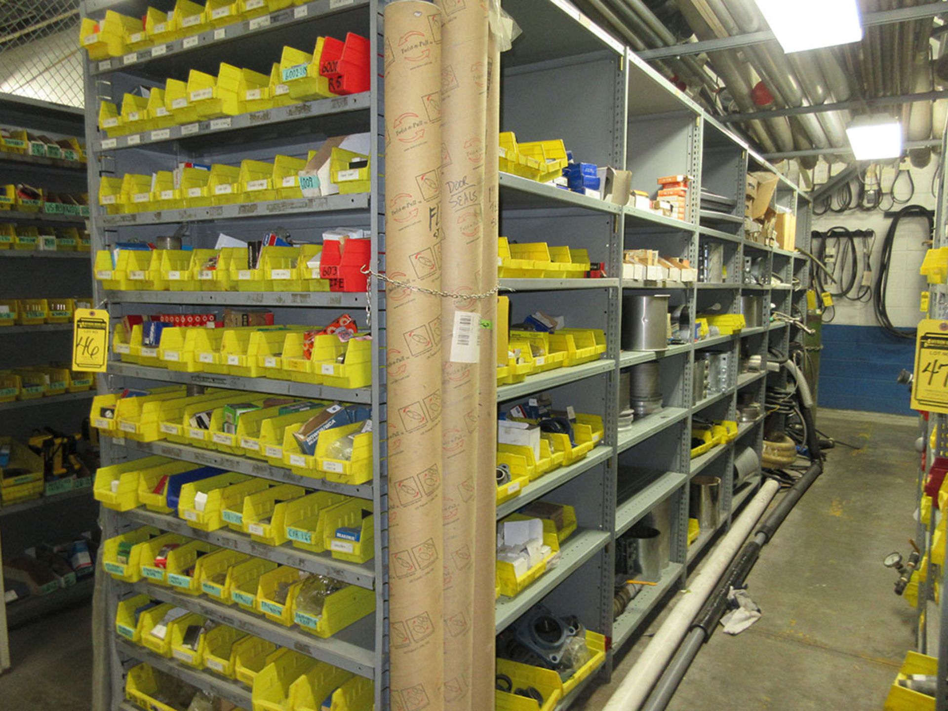 (16) SECTIONS OF ASSORTED SHELVING WITH CONTENTS; HARDWARE, BEARINGS, AIR TANKS, HOSE, PULLEYS, - Image 3 of 13