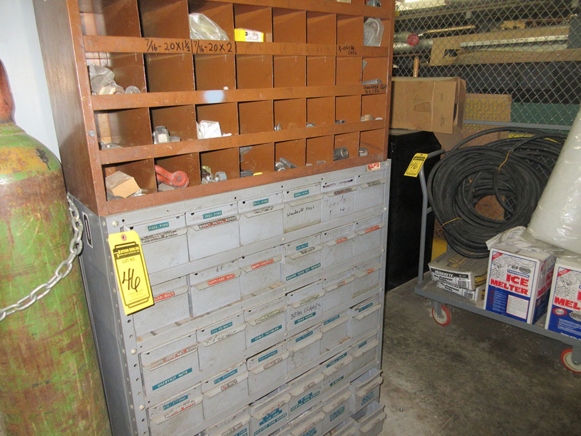 (16) SECTIONS OF ASSORTED SHELVING WITH CONTENTS; HARDWARE, BEARINGS, AIR TANKS, HOSE, PULLEYS, - Image 8 of 13