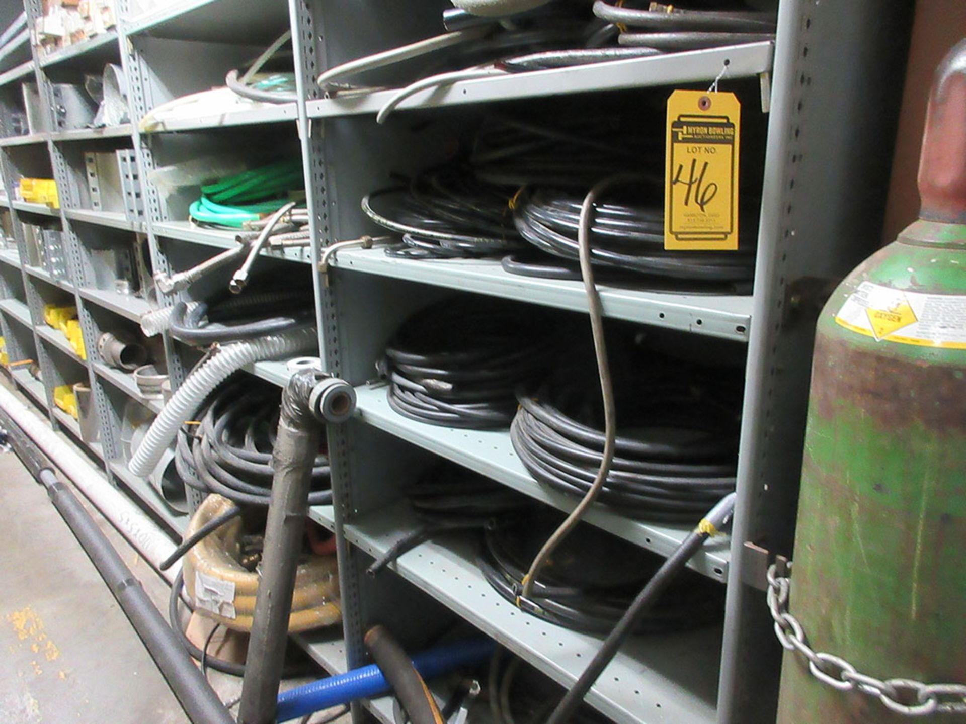 (16) SECTIONS OF ASSORTED SHELVING WITH CONTENTS; HARDWARE, BEARINGS, AIR TANKS, HOSE, PULLEYS, - Image 9 of 13