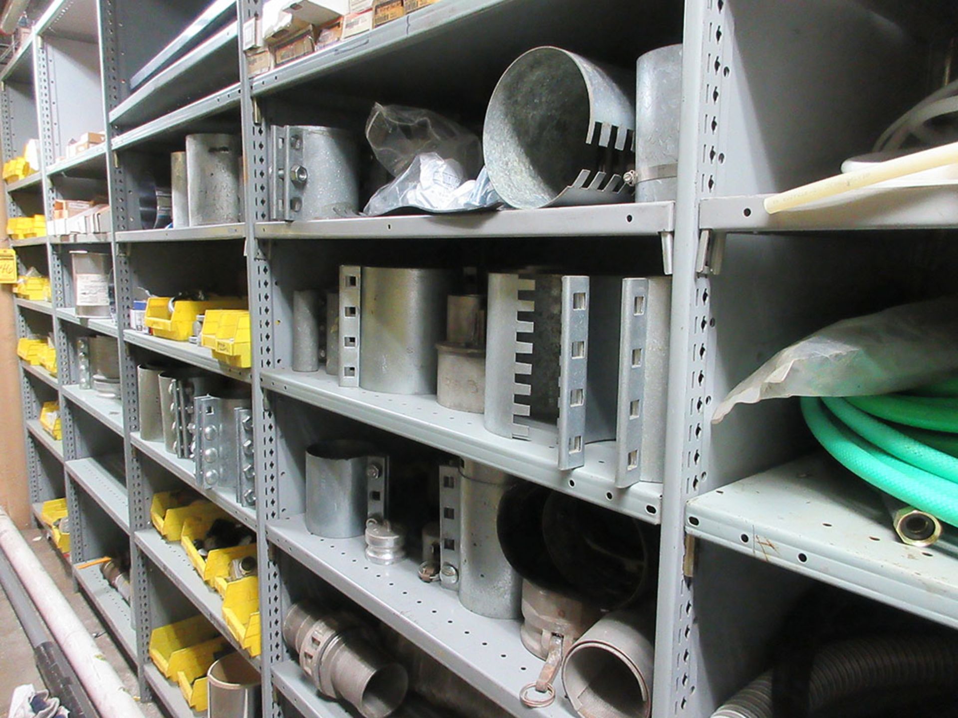 (16) SECTIONS OF ASSORTED SHELVING WITH CONTENTS; HARDWARE, BEARINGS, AIR TANKS, HOSE, PULLEYS, - Image 10 of 13