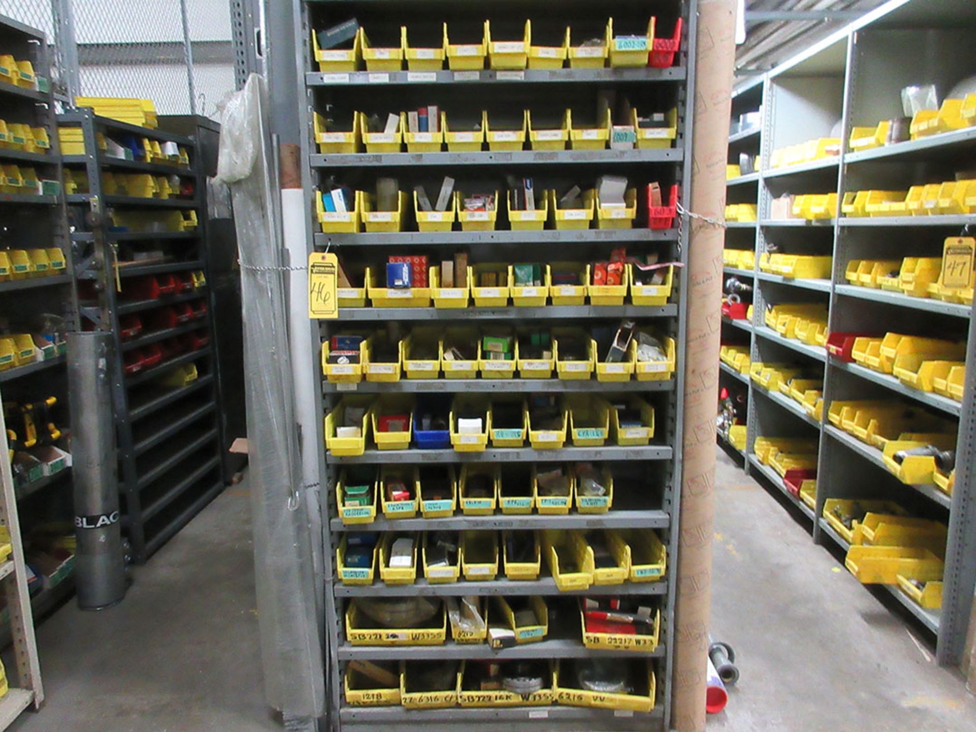 (16) SECTIONS OF ASSORTED SHELVING WITH CONTENTS; HARDWARE, BEARINGS, AIR TANKS, HOSE, PULLEYS, - Image 13 of 13