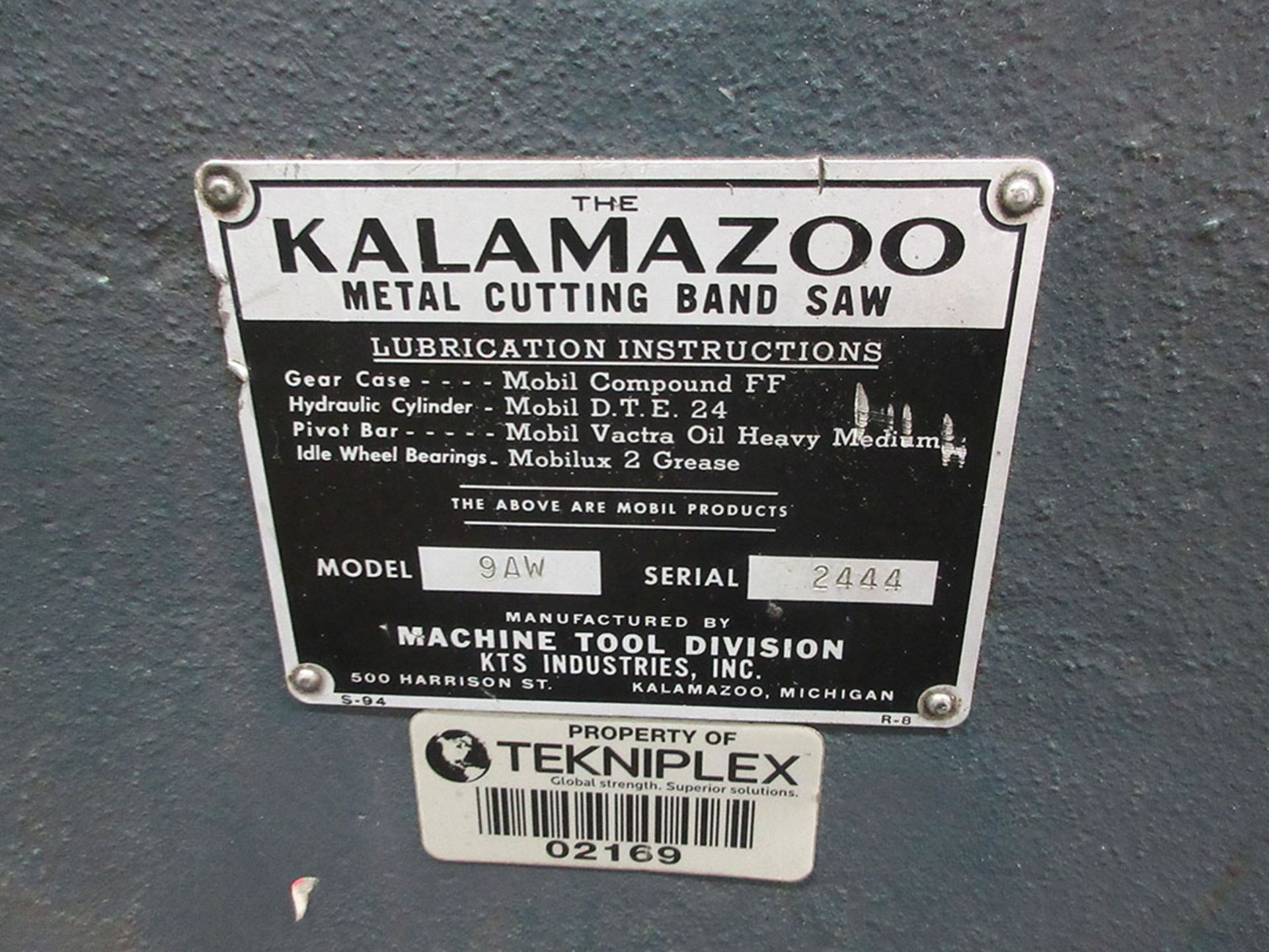 KALAMAZOO HORIZONTAL CUTTING BAND SAW; MODEL 9AW, S/N 2444 - Image 3 of 3