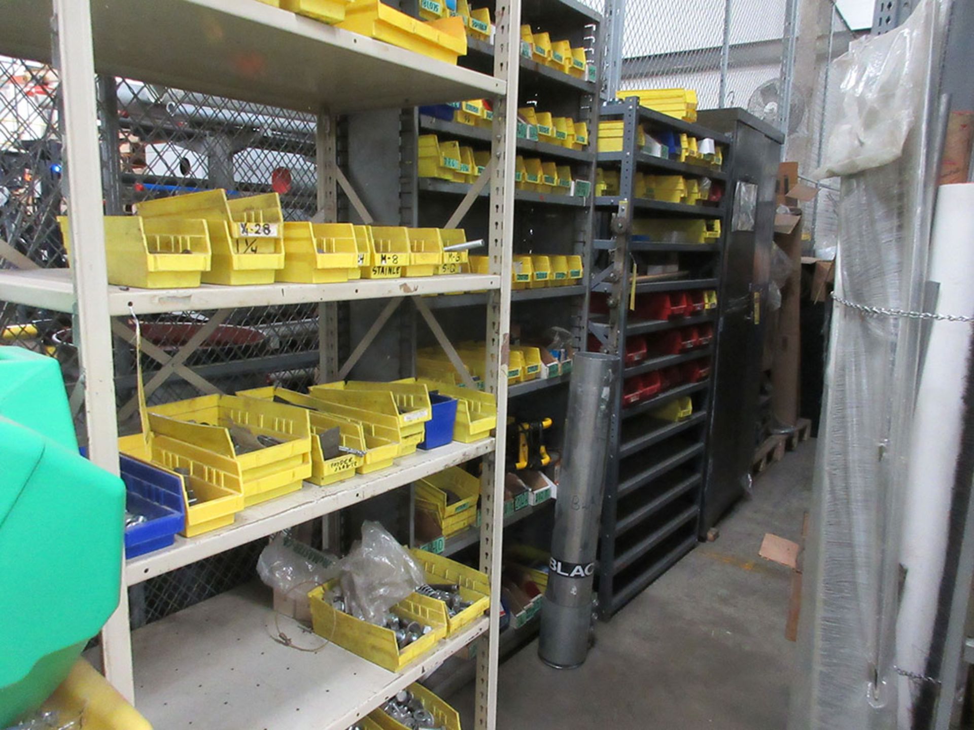 (16) SECTIONS OF ASSORTED SHELVING WITH CONTENTS; HARDWARE, BEARINGS, AIR TANKS, HOSE, PULLEYS,
