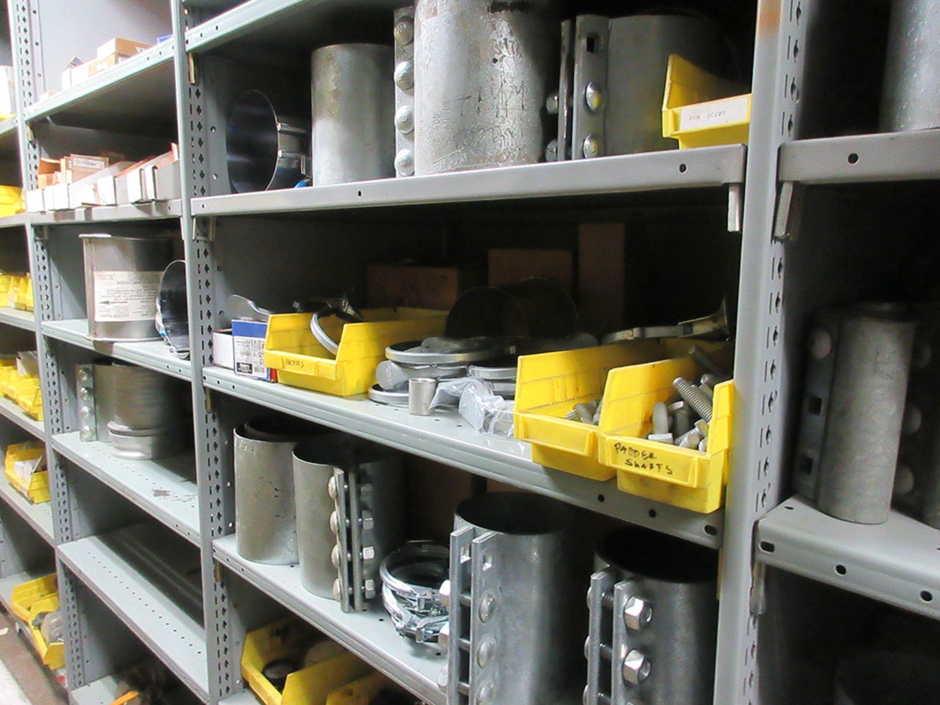 (16) SECTIONS OF ASSORTED SHELVING WITH CONTENTS; HARDWARE, BEARINGS, AIR TANKS, HOSE, PULLEYS, - Image 11 of 13